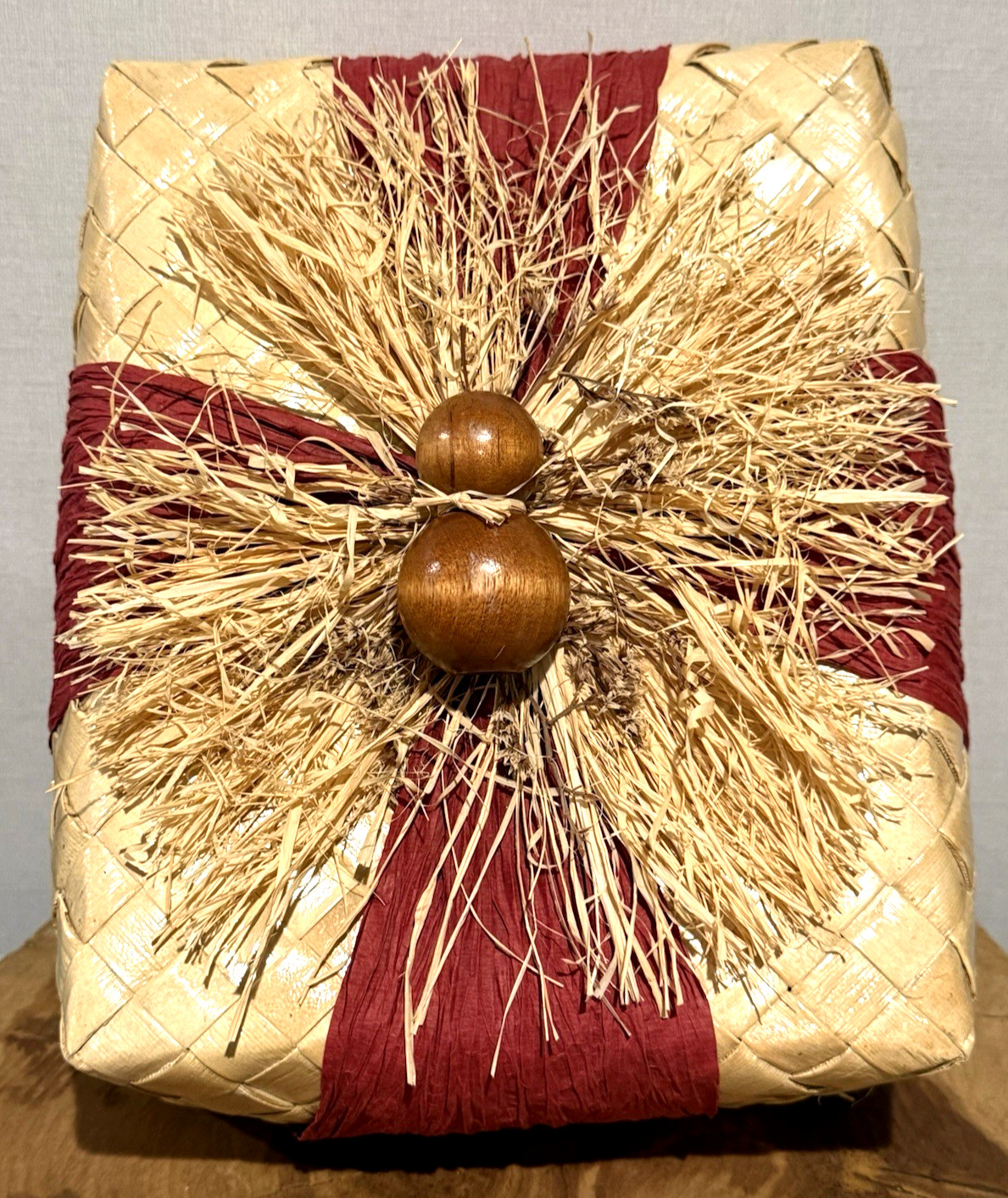 Vintage Lauhala Woven Box with Lid Boho Raffia Wood Bead Details Hawaiian Style
