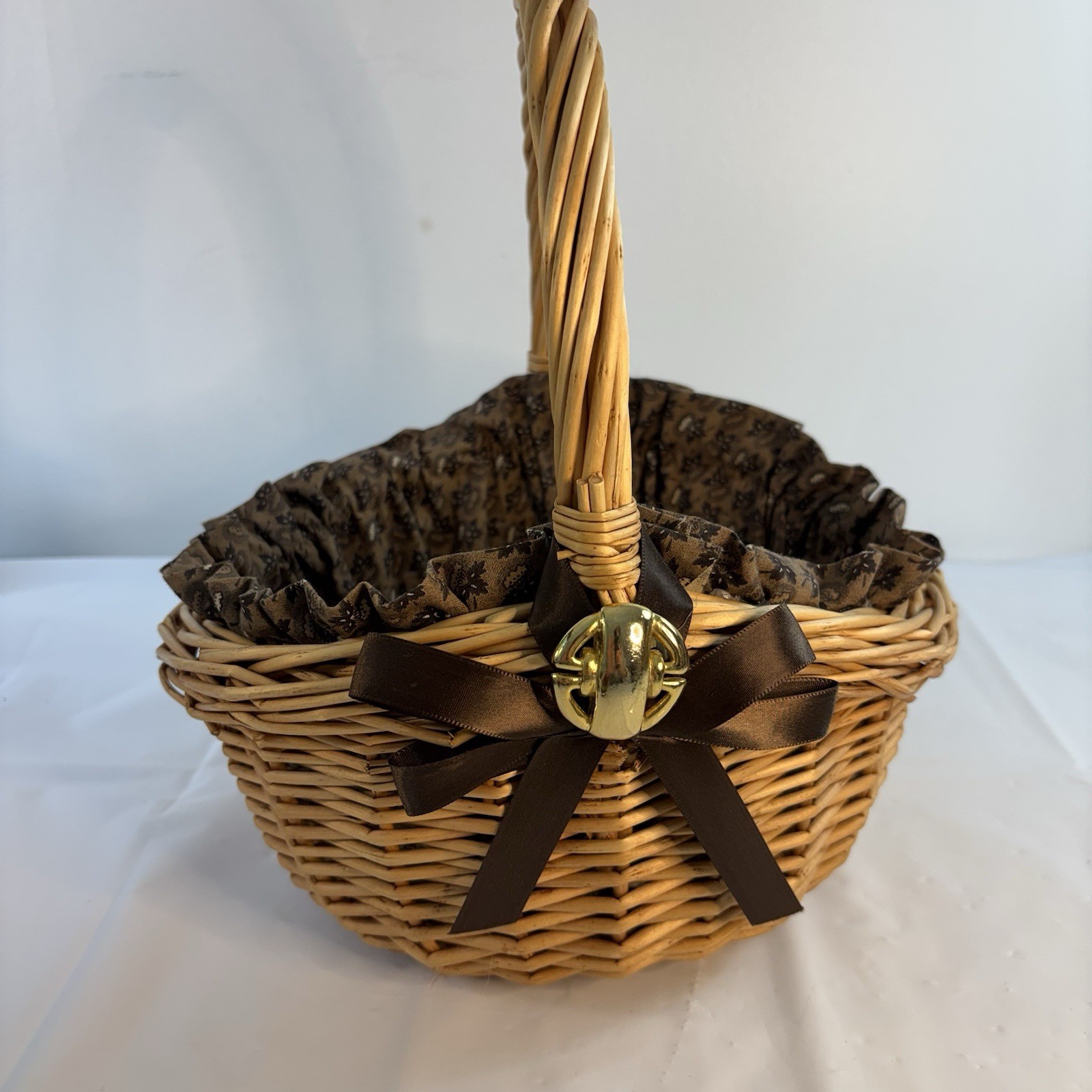 Round Oval wicker basket with handle And Antique Clip On Earring Cottage Core