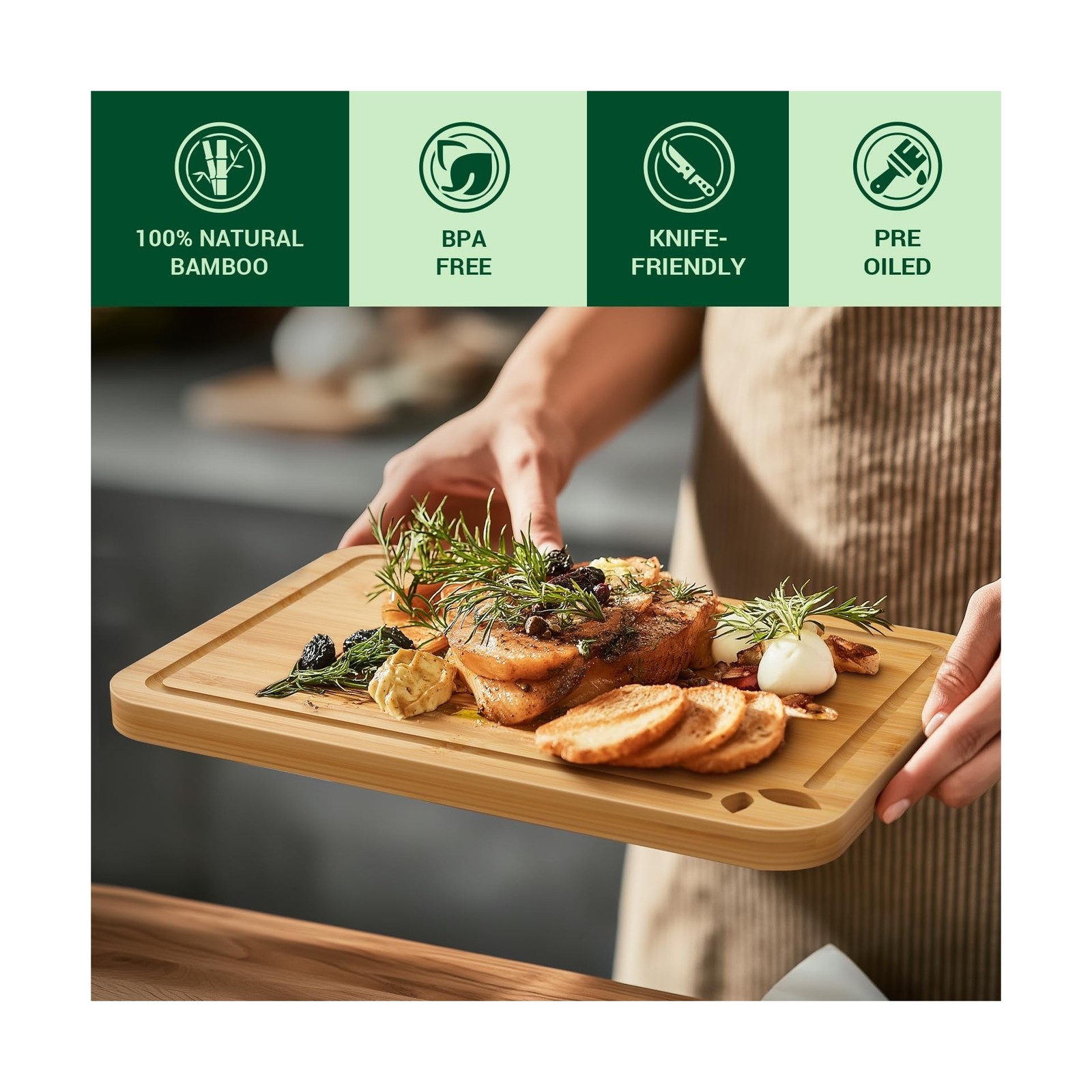Bamboo Cutting Boards for Kitchen with Holder & Silicone Mat, Light… Fast Ship