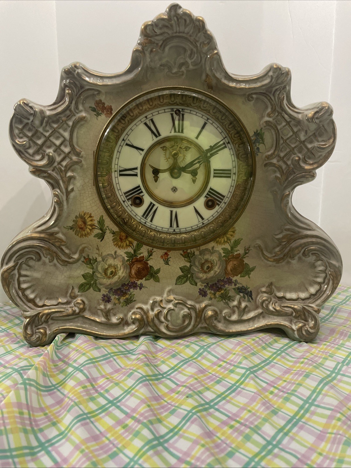 Ansonia Royal Bonn Style Porcelain Clock W/Open Exposed Escapement movement