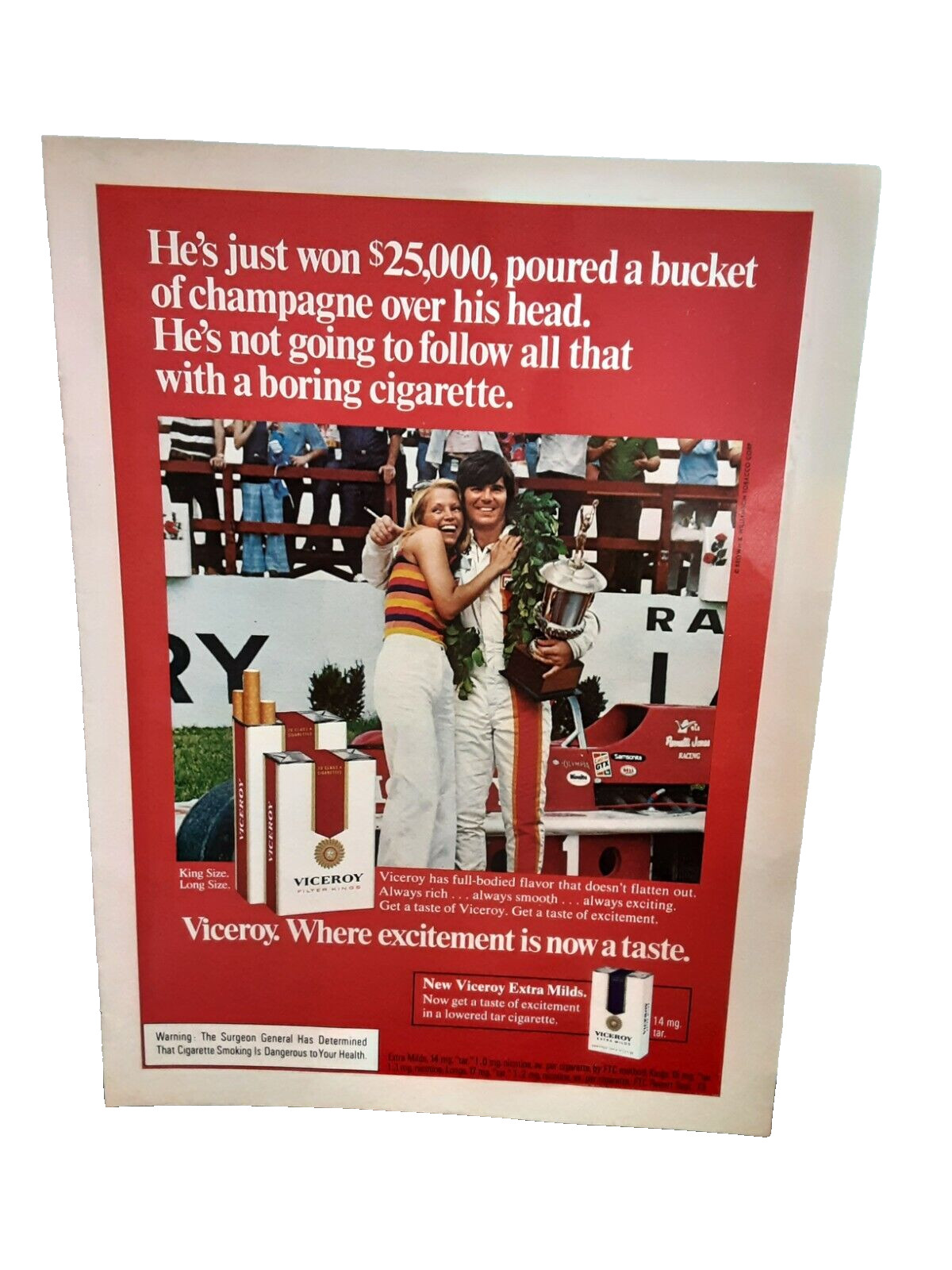 1974 Viceroy Cigarettes Indy Car Winner Champion Trophy Original Print Ad 70s