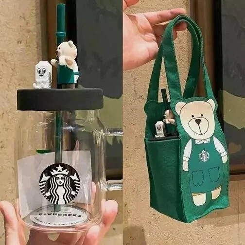 Starbucks China Mason Straw Cups 16oz Bear Glass Cup With Green Canvas Carry Bag