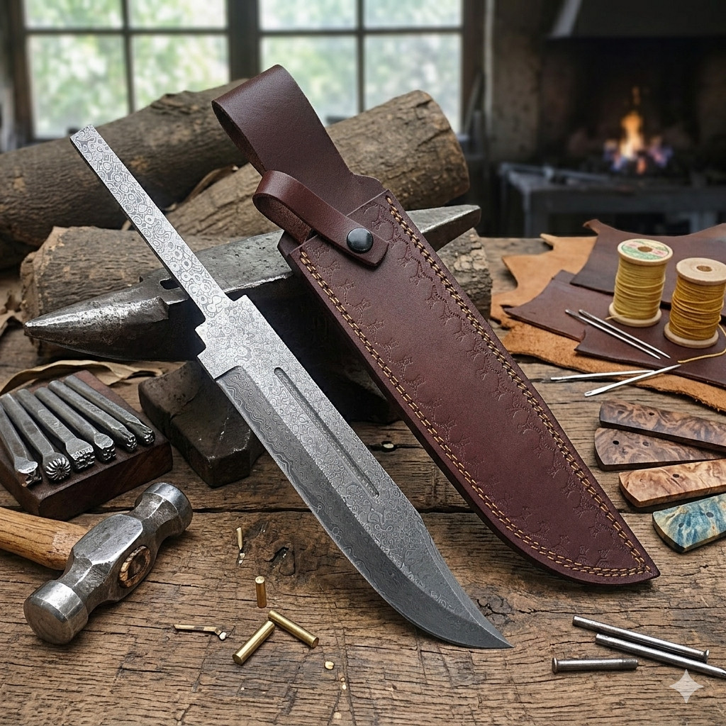CUSTOM HAND FORGED DAMASCUS STEEL BOWIE BLANK BLADE HUNTING KNIFE WITH SHEATH