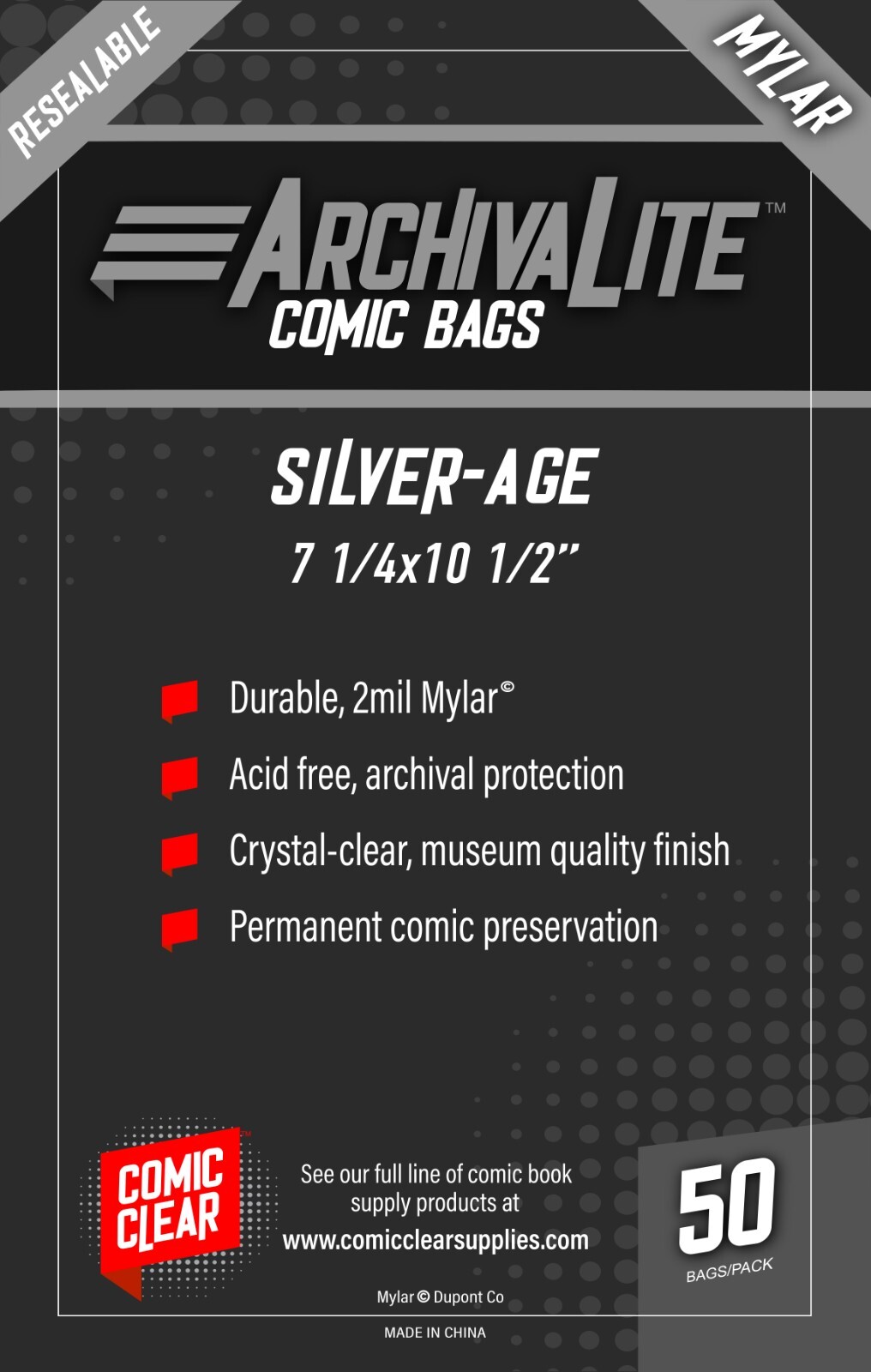Silver Age Mylar Comic Bags (50) – Comic Clear – RESEALABLE Closure Type