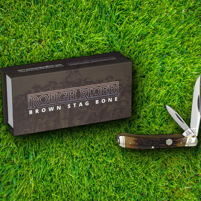 Rough Ryder Trapper Pocket Knife Mirror Stainless Steel Blades Stag Bone Handle