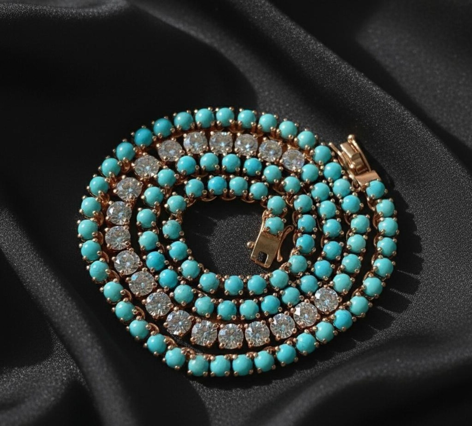 Turquoise & Diamond 18K Yellow Gold Over Choker Tennis 16″ Necklace For Women’s