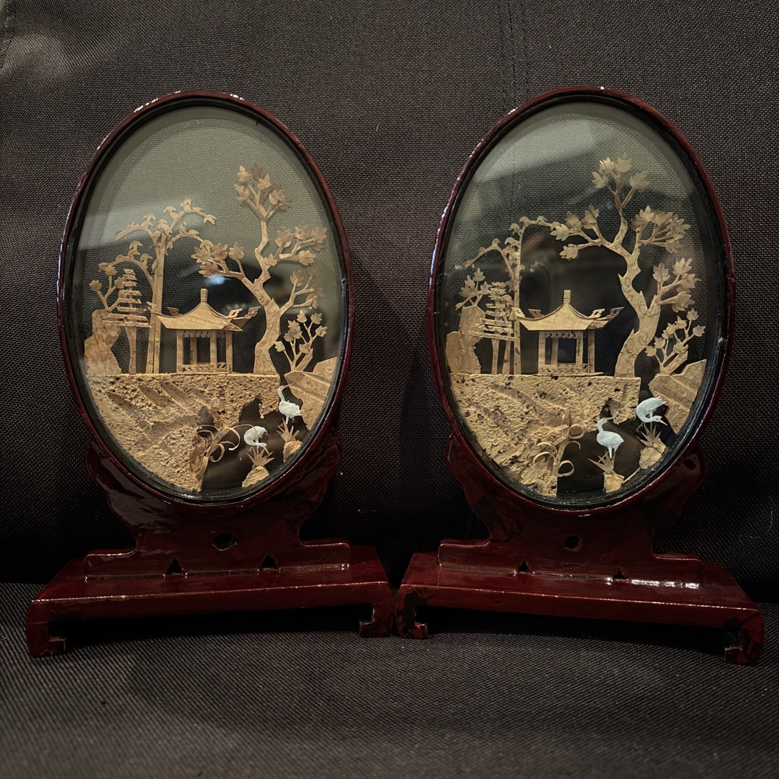 Vintage Chinese Cork Art Diorama Pair Oval Glass Wood Stands Pagoda