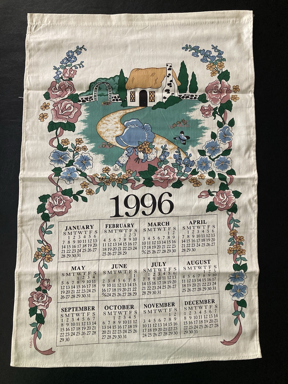 Vintage Cloth Calendar 1996 Farmhouse Cottage Tea Towel Girl Picking Flowers