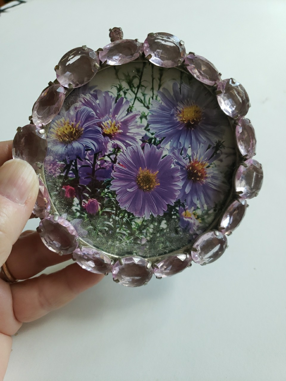 Small Round Picture Frame With Oval Cut Lavender Rhinestones