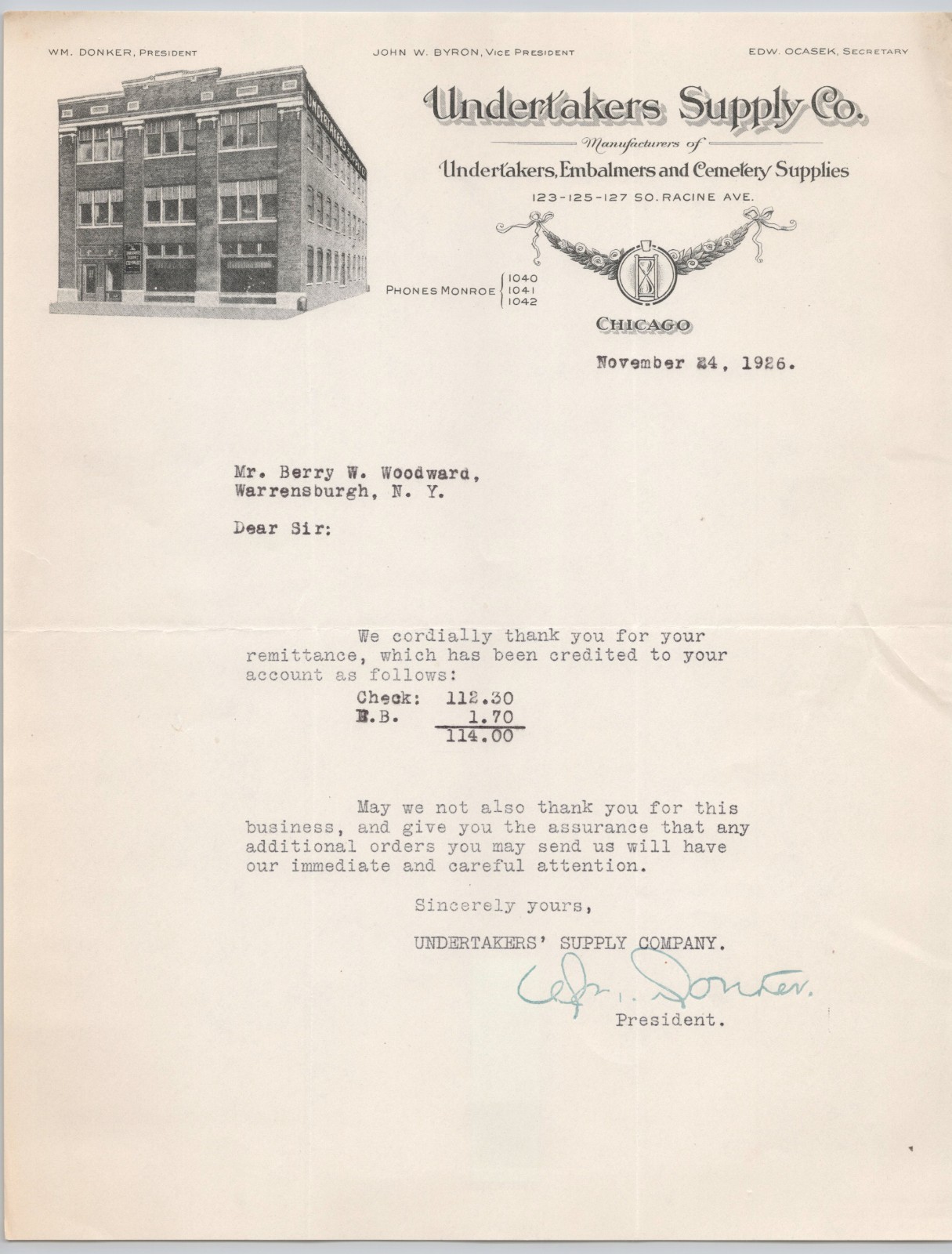1926 Undertakers Supply Co. Chicago Embalmers Cemetery Funeral Letterhead BH2-53