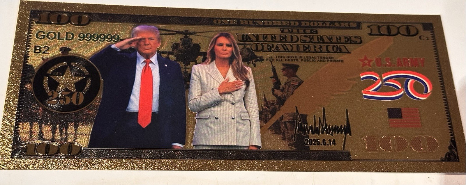 America 250 US Army Donald Trump/Melania 24K Gold Foil Note $100 Novelty Collect