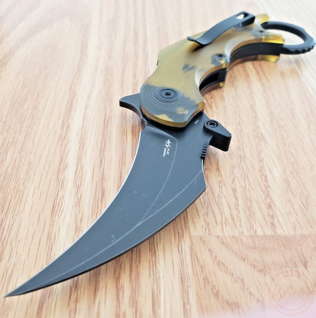 Kubey Rogue Folding Knife 3″ Black 14C28N Sandvik Steel Blade Amber Ultem Handle
