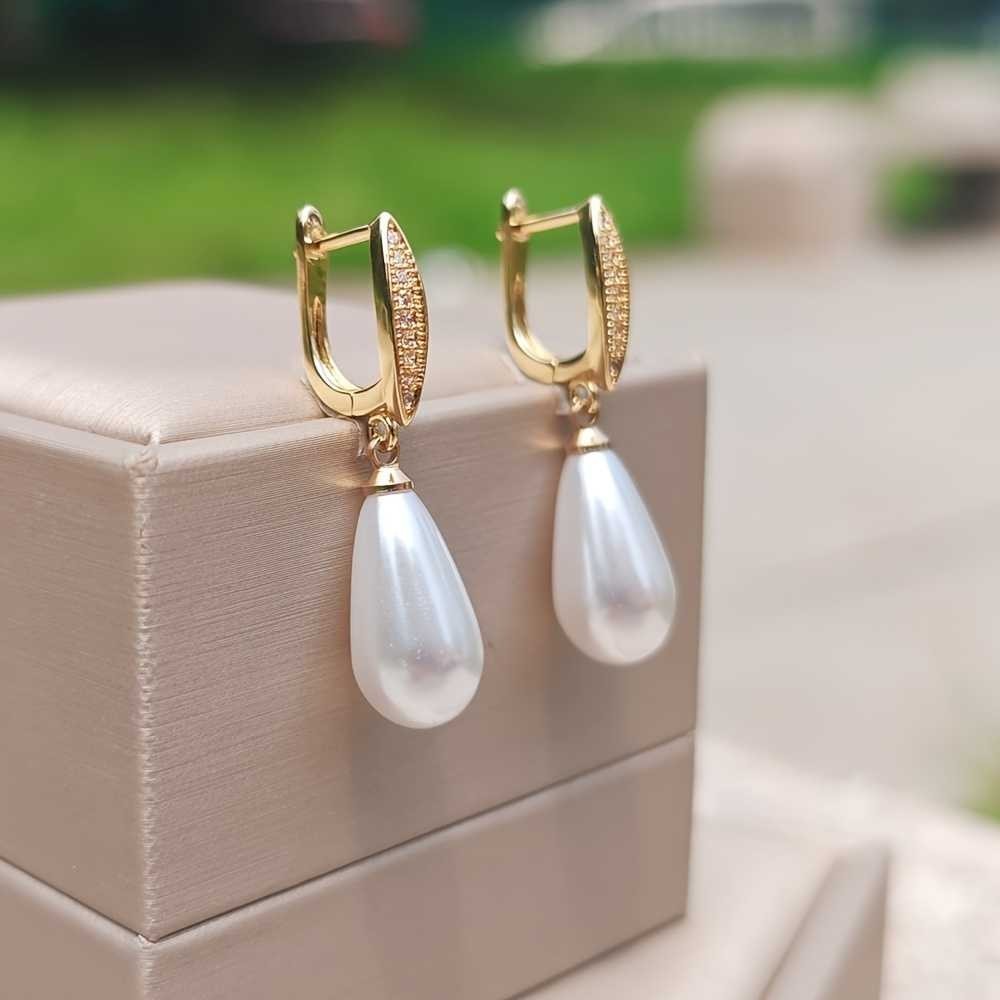White Pearl Elegant Diamond Lever Back Dangle Drop Earrings 14K Yellow Gold Over
