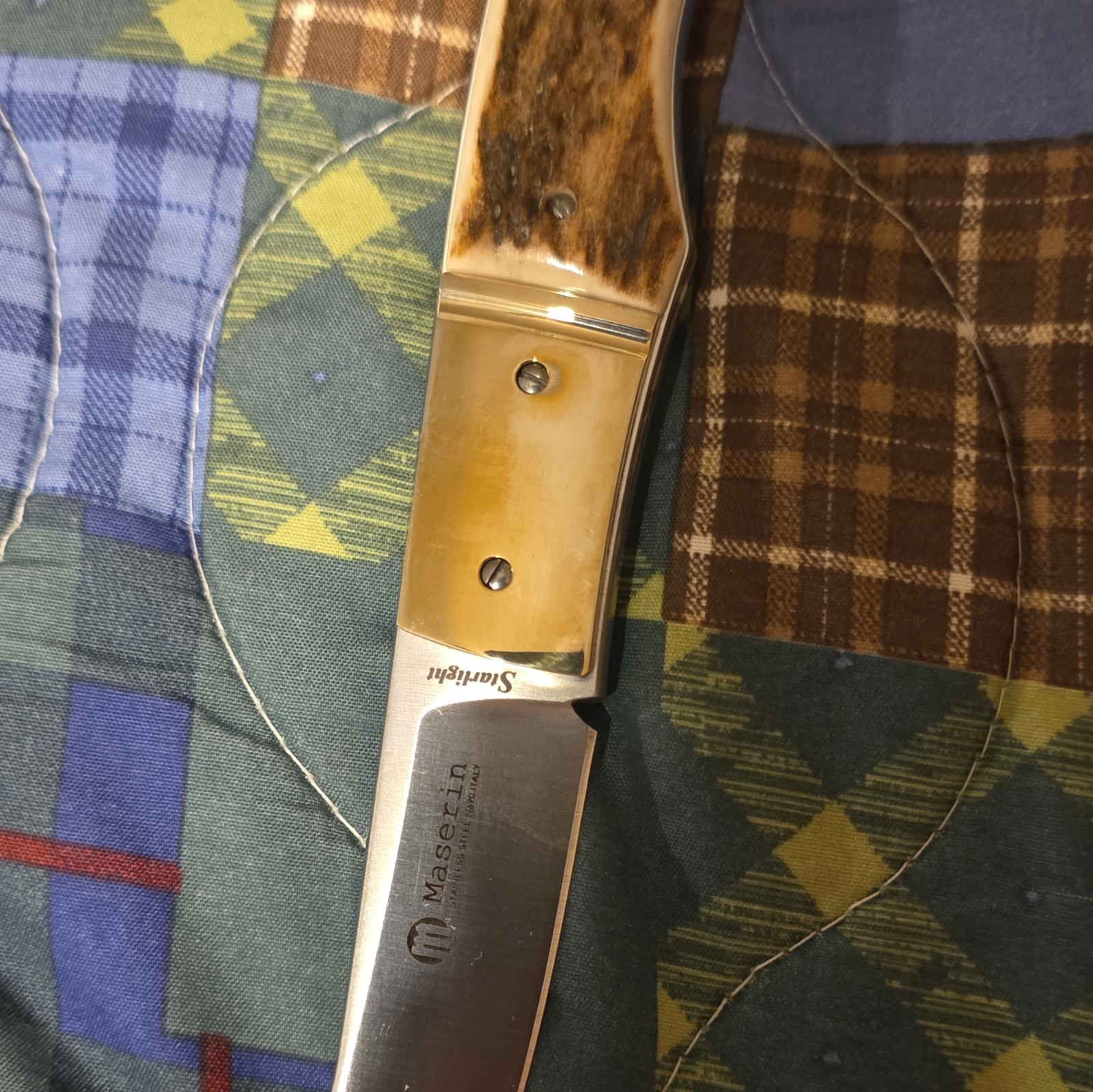 Maserin Hunting Fixed Blade Knife Drop Point Plain Edge Stag Handle Sheath