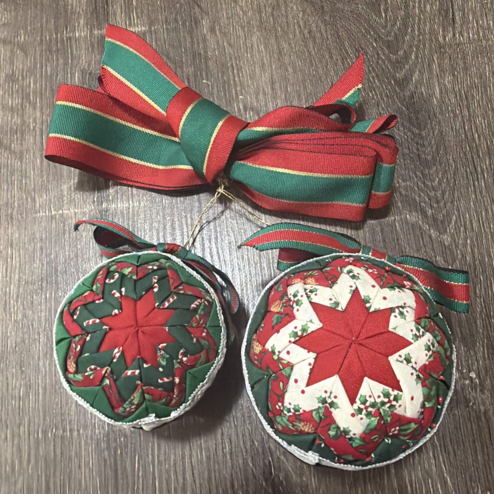 Vintage Quilted Thread Fabric Round STAR Hand Made Christmas Ornaments Set of 2