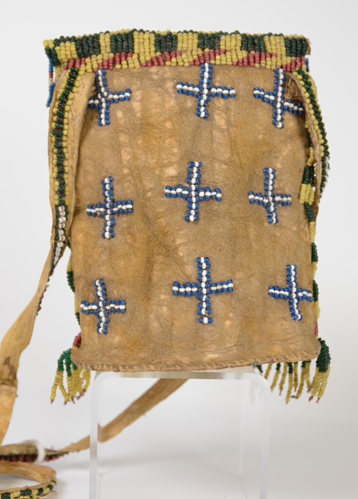 Apache Beaded Bag with Strap, Flap, Button Closure, and Oval Rawhide Base