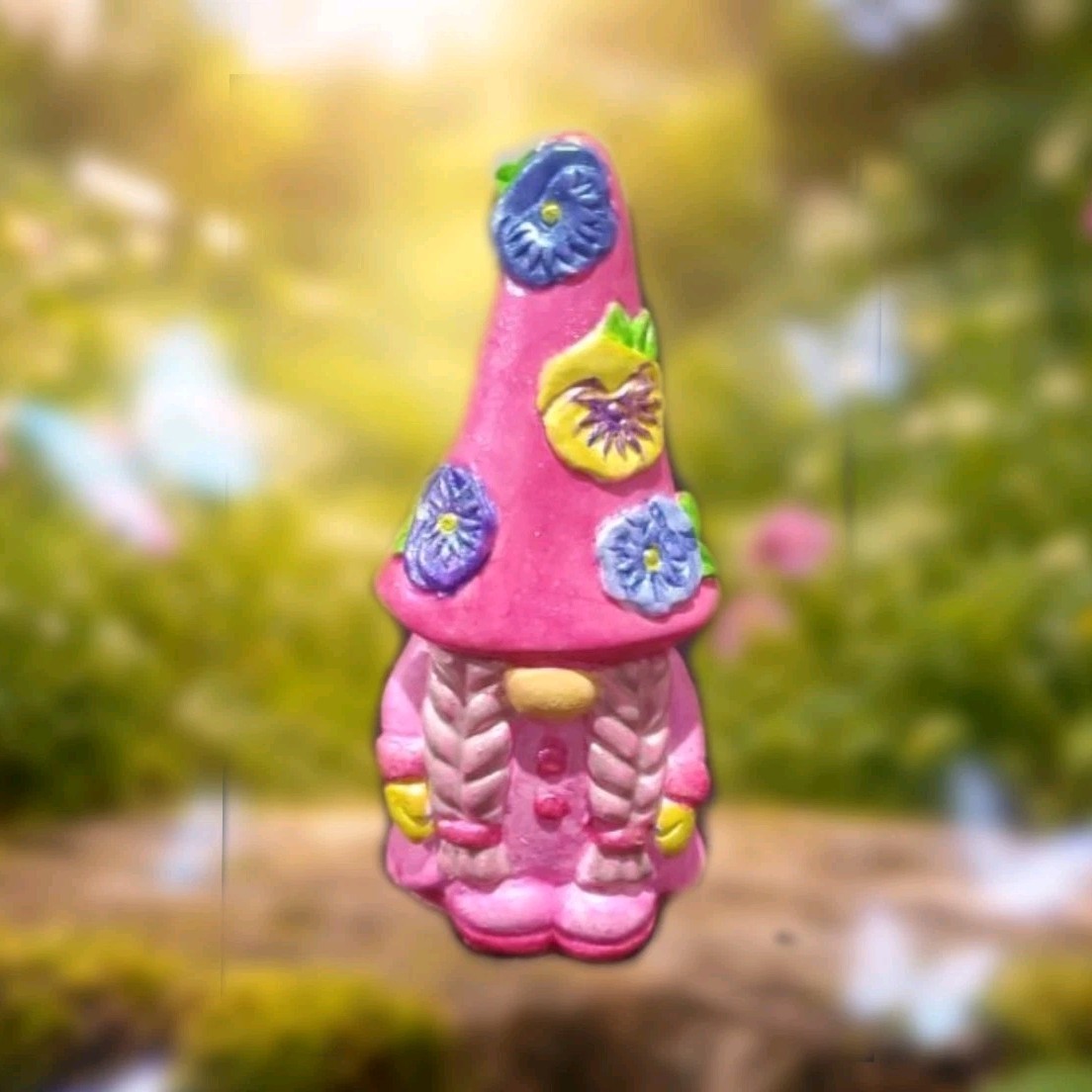 Hand Painted Pink Gnomette Gnome Figurine Spring Pansy Fairy Garden Decor
