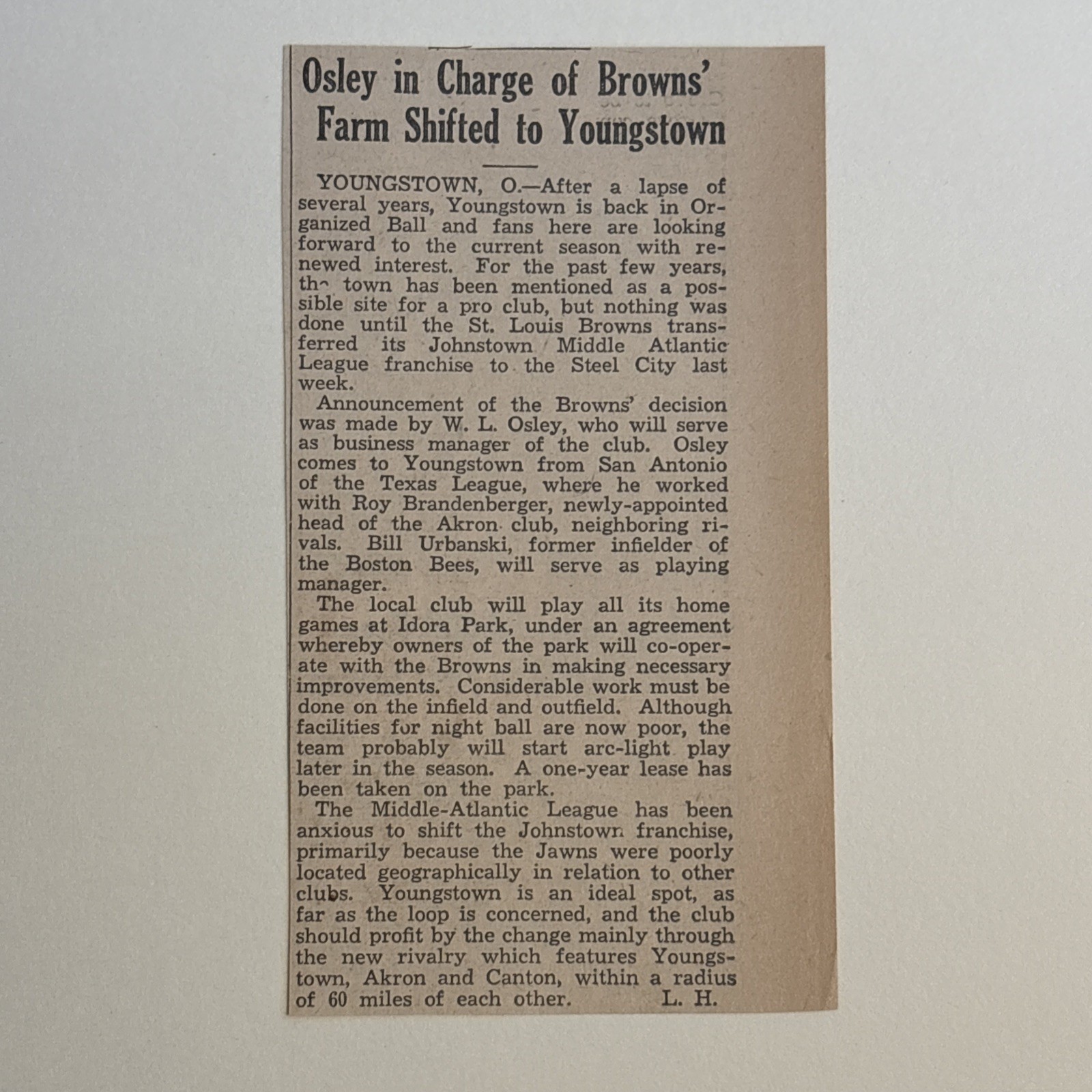 Billy Urbanski W.L. Osley Youngstown Browns 1939 Sporting News Baseball 3X5