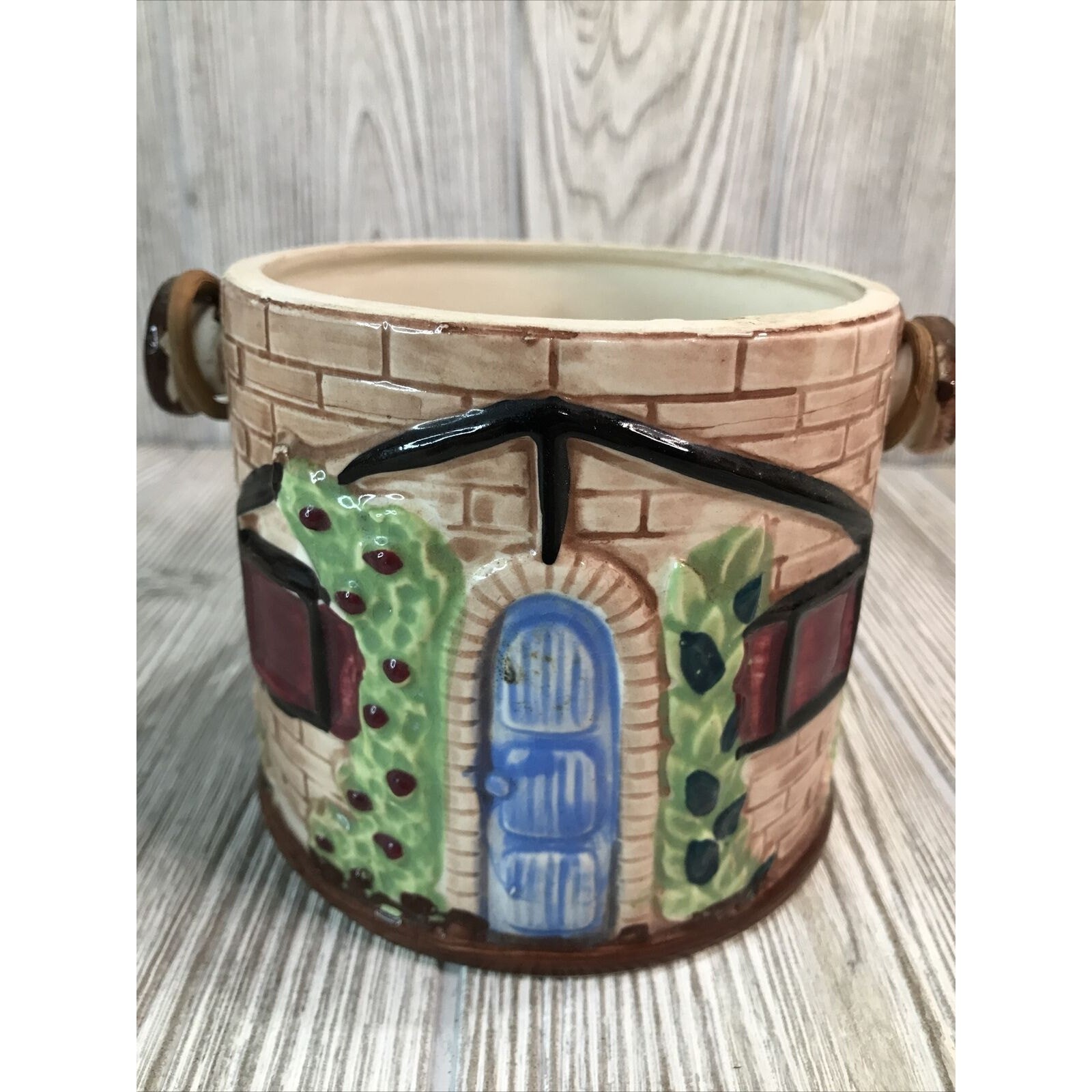 Vintage Japanese Ceramic Container Bamboo Handle Rustic Folk Art 6.5″