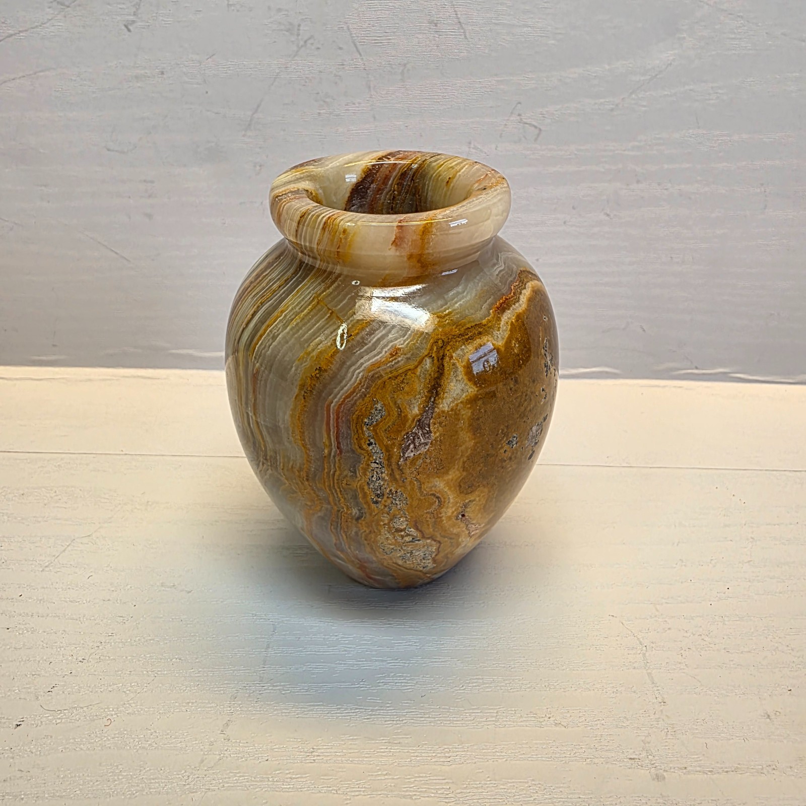 4″ Banded Onyx Natural Stone Vase – Earth Tones Tan Brown Rust Pakistan