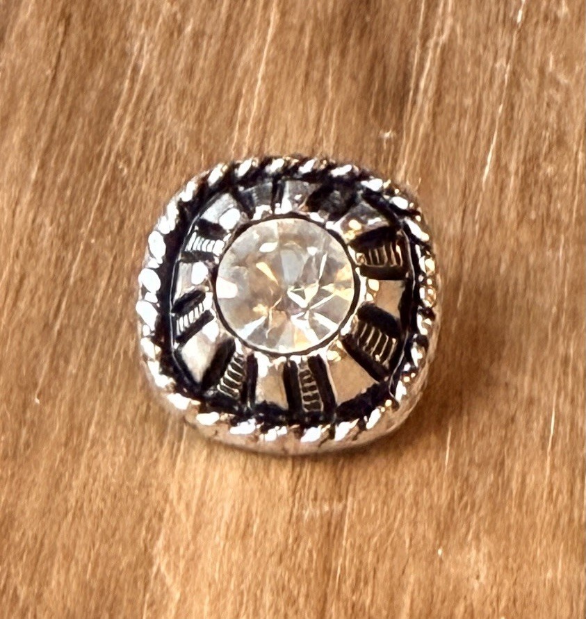 Vintage Small, Small Aluminum Button With Rhinestone Embellishment