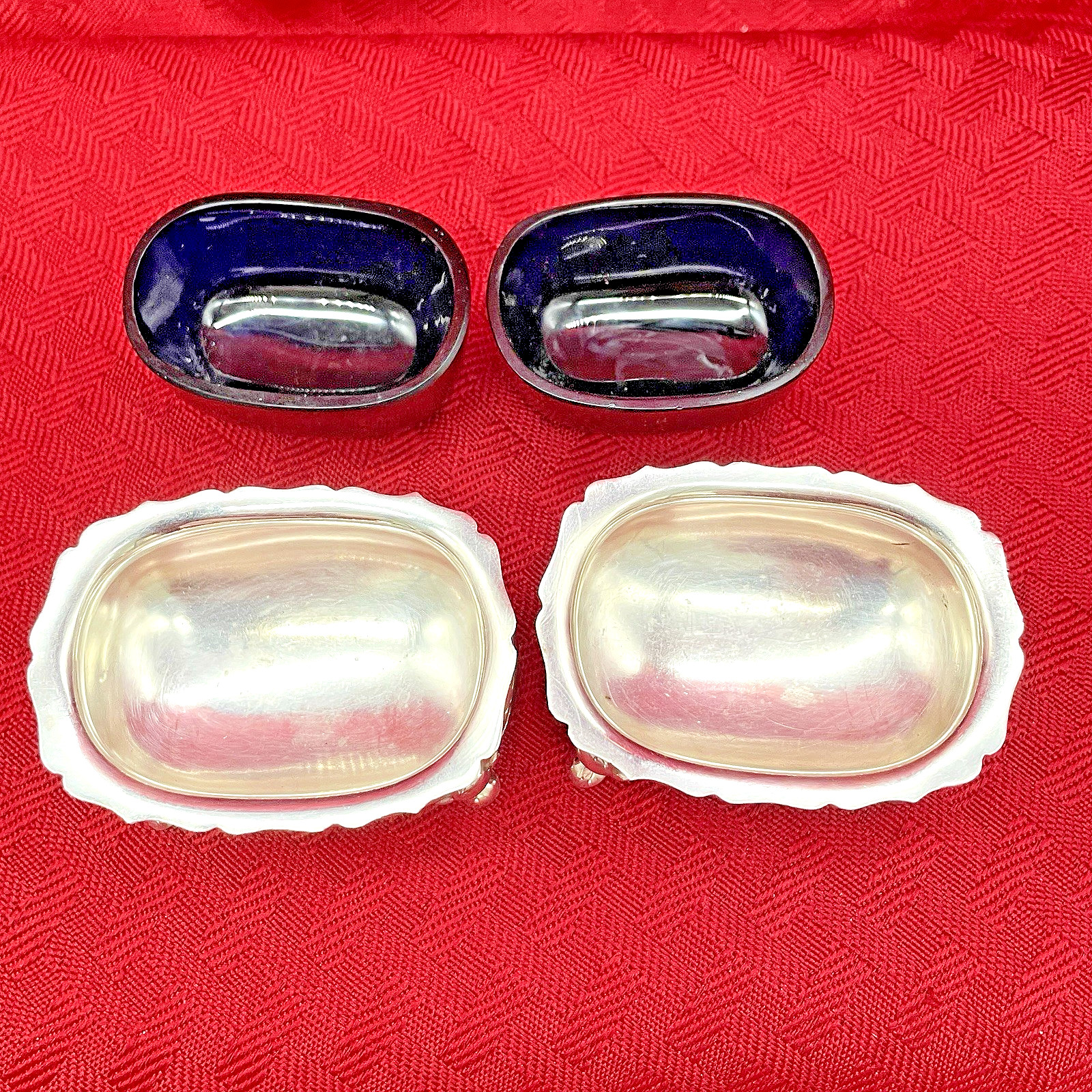 VINTAGE OVAL SALT CELLARS WITH SPOONS AND COBALT BLUE GLASS LINERS SET OF 2