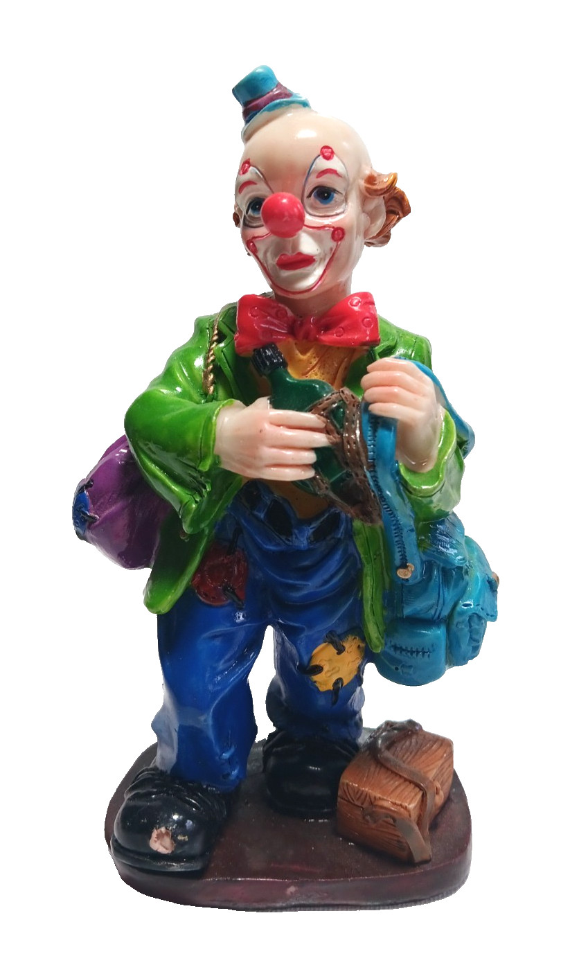 Circus Clown Hobo with Bags Figure Small Statue Vintage Resin Hard Plastic