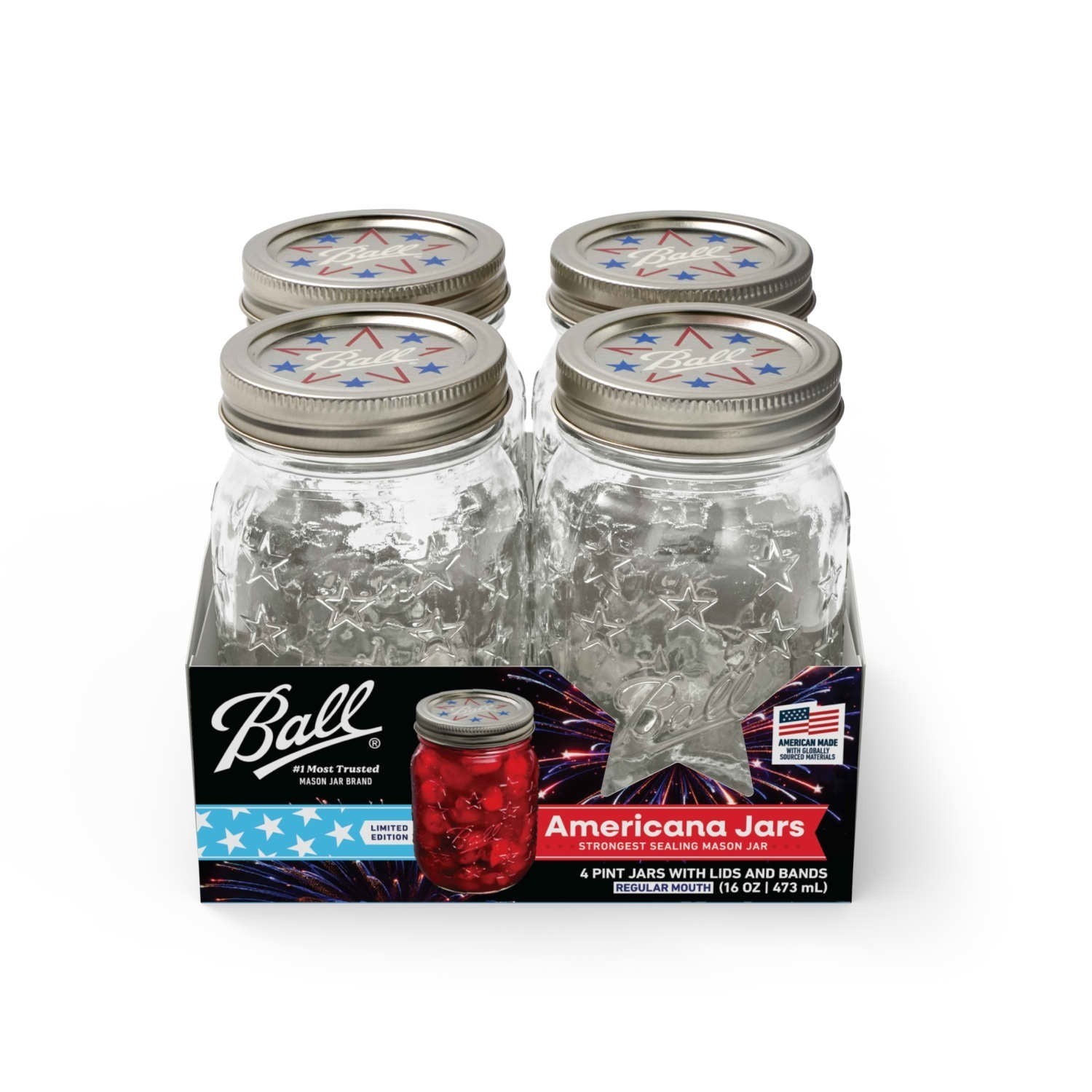 Ball 16 oz Limited Edition Americana Mason Jars, Regular Mouth Pint – 4 Pack