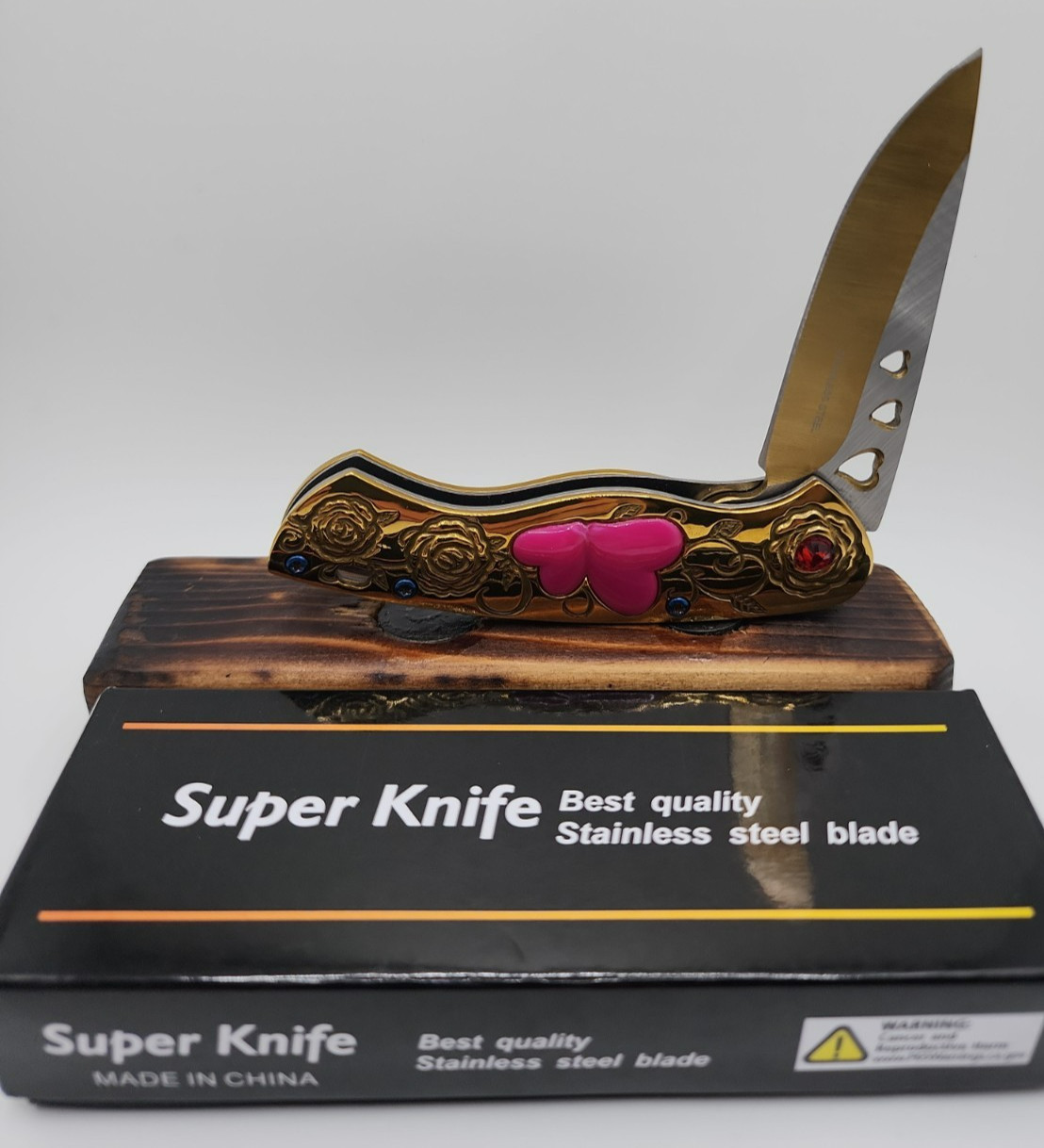 Super Knife Gold Tone Rose Heart Spring Assisted Folding Pocket Knife NIB