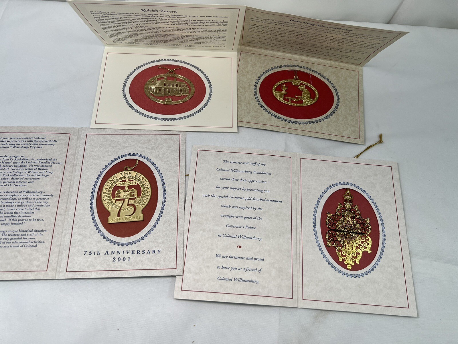 4 Colonial Williamsburg Die Cut Metal 24-karat gold Finish Christmas Ornaments