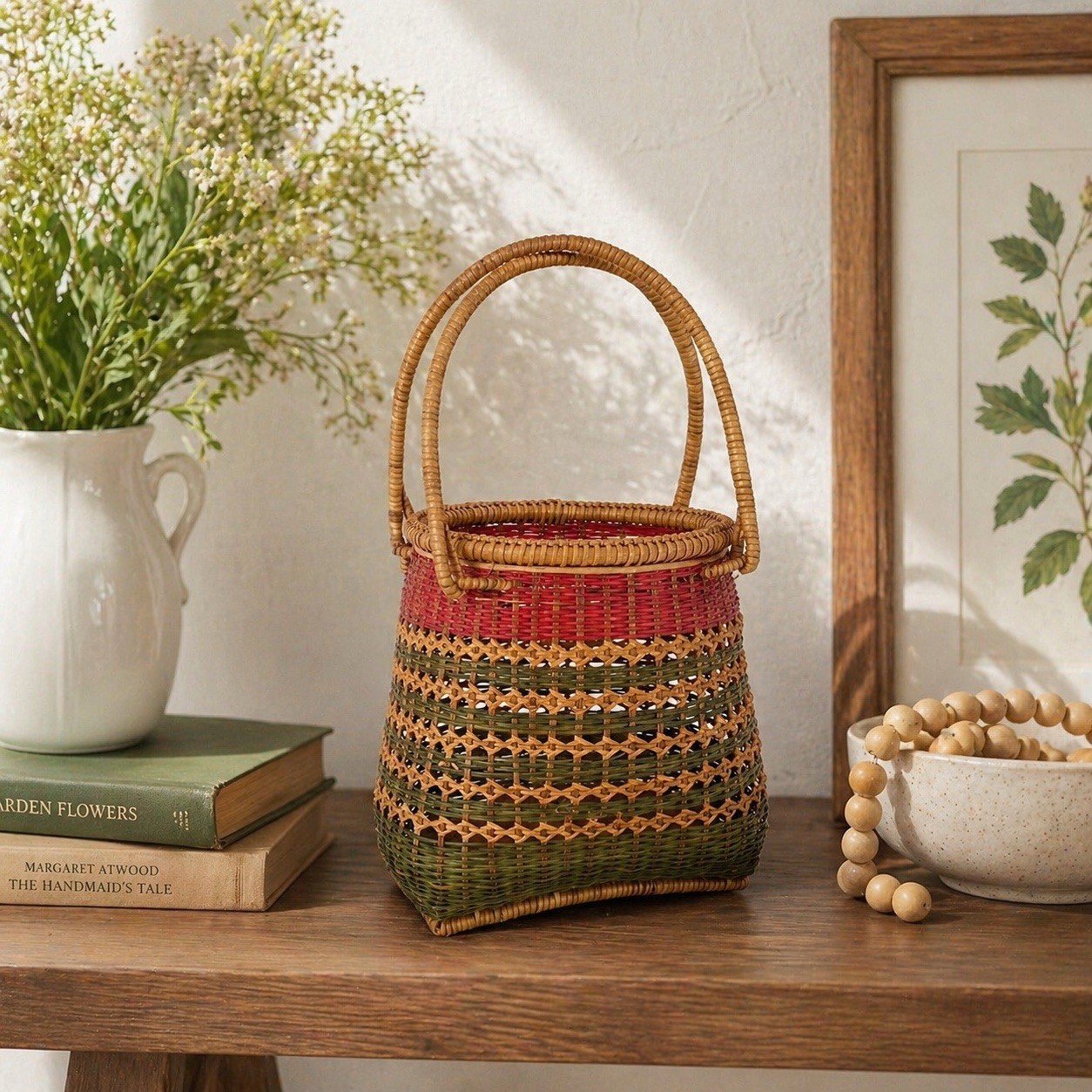 Vintage Woven Wicker Basket Purse Handmade Rattan Straw Boho Multicolor Bag