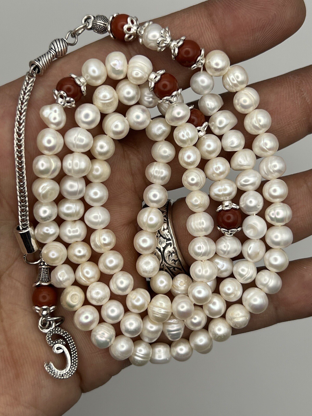 Natural Pearl Tasbih Misbaha With Red Jasper Rosary Prayer Bead مسبحة لؤلؤ طبيعي