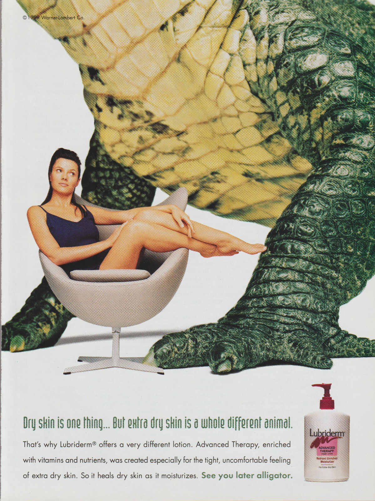 1999 Lubriderm Skin Lotion – Giant Alligator Crocodile Lingerie Girl – Print Ad