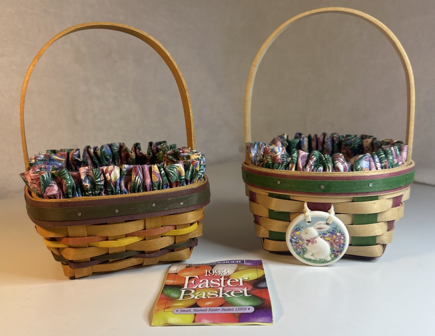 Set of 2 Small 1998 Longaberger Easter Baskets W/ Liners And Plastic Protectors