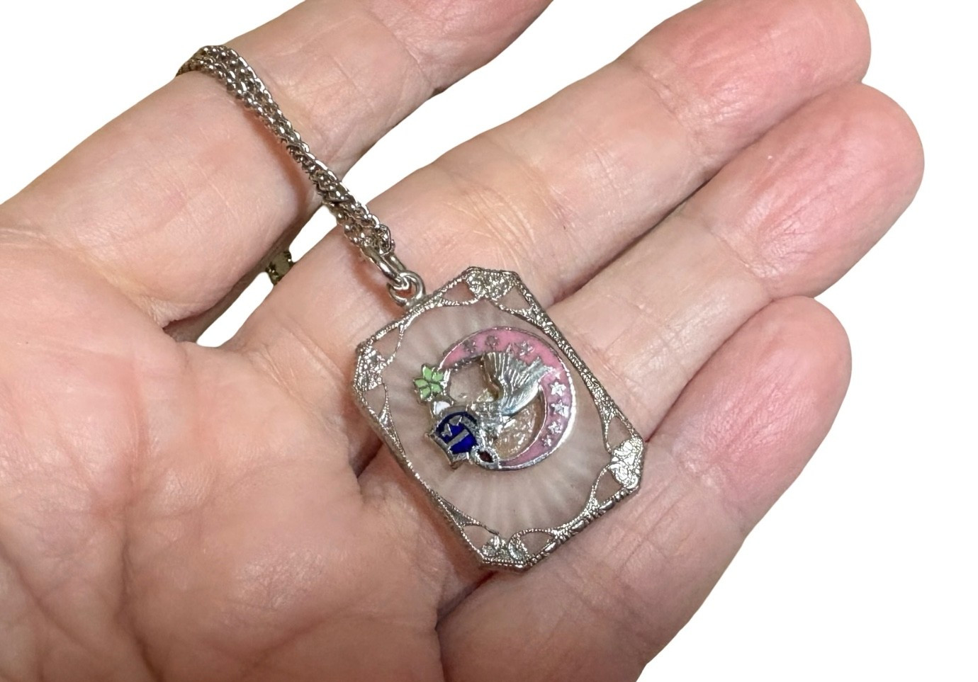 Vintage Silver Tone Art Deco Camphor Glass Pendant REBEKAH Lodge Necklace