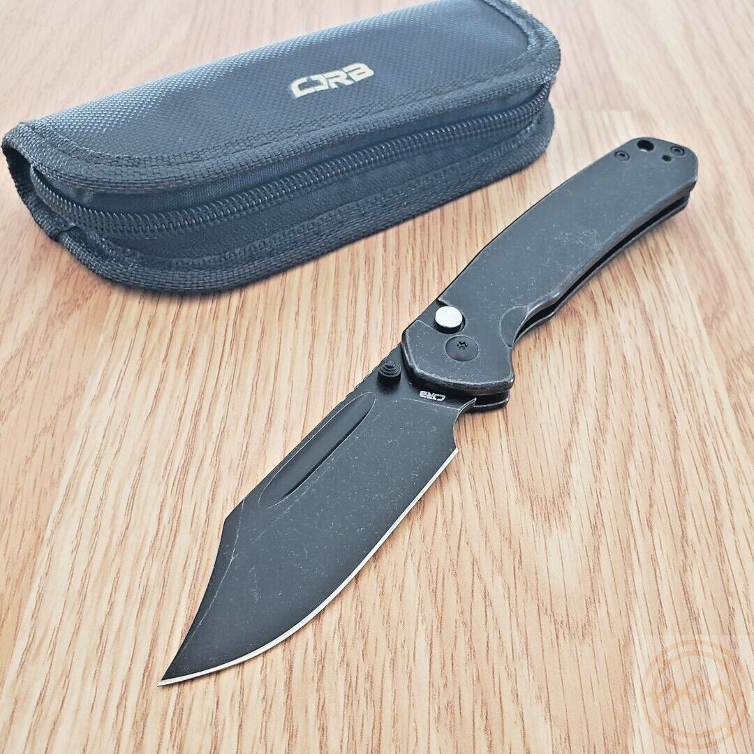 CJRB Pyrite Folding Knife 3.13″ AR-RPM9 Steel Bowie Blade Black Stainless Handle