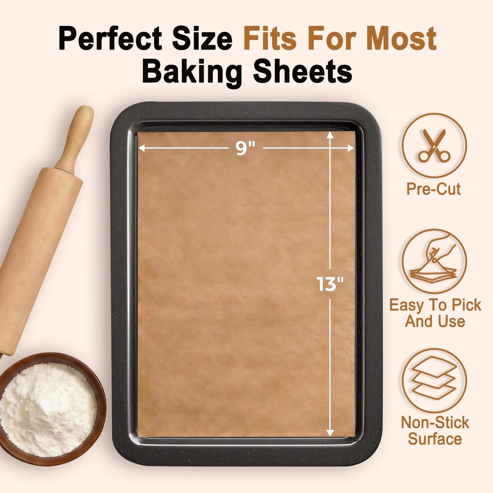 JOFULER Parchment Paper Sheets, 9×13 Inch Non-Stick 9x13in-100pcs, Brown