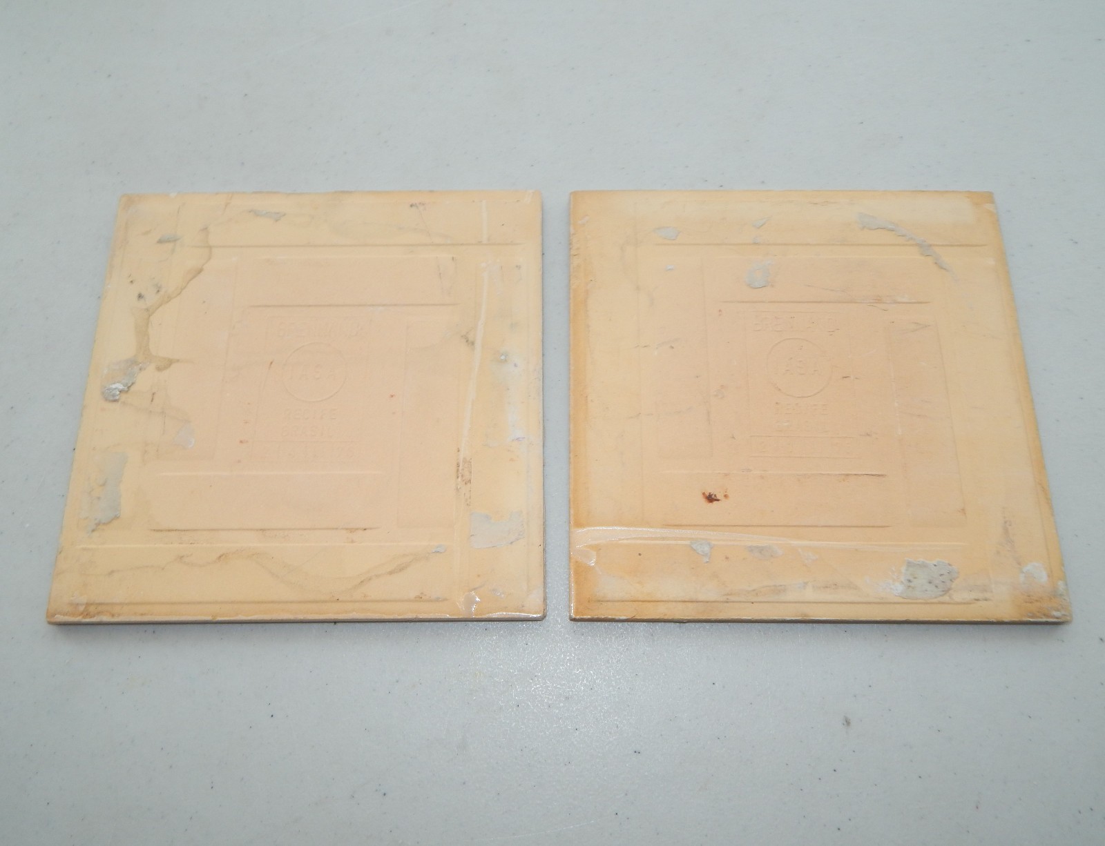 (2) USED Brennand Recife Brasil Brazil Decorative Tile Trivet Yellow Blue 6″X6″