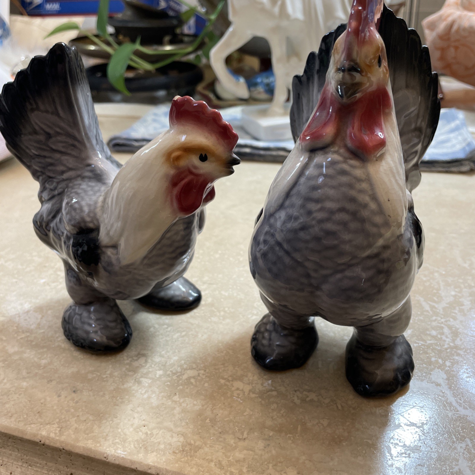 Vintage Royal Copley Rooster And Hen Figurine’s. Porcelain. Bell Bottoms. Nice.