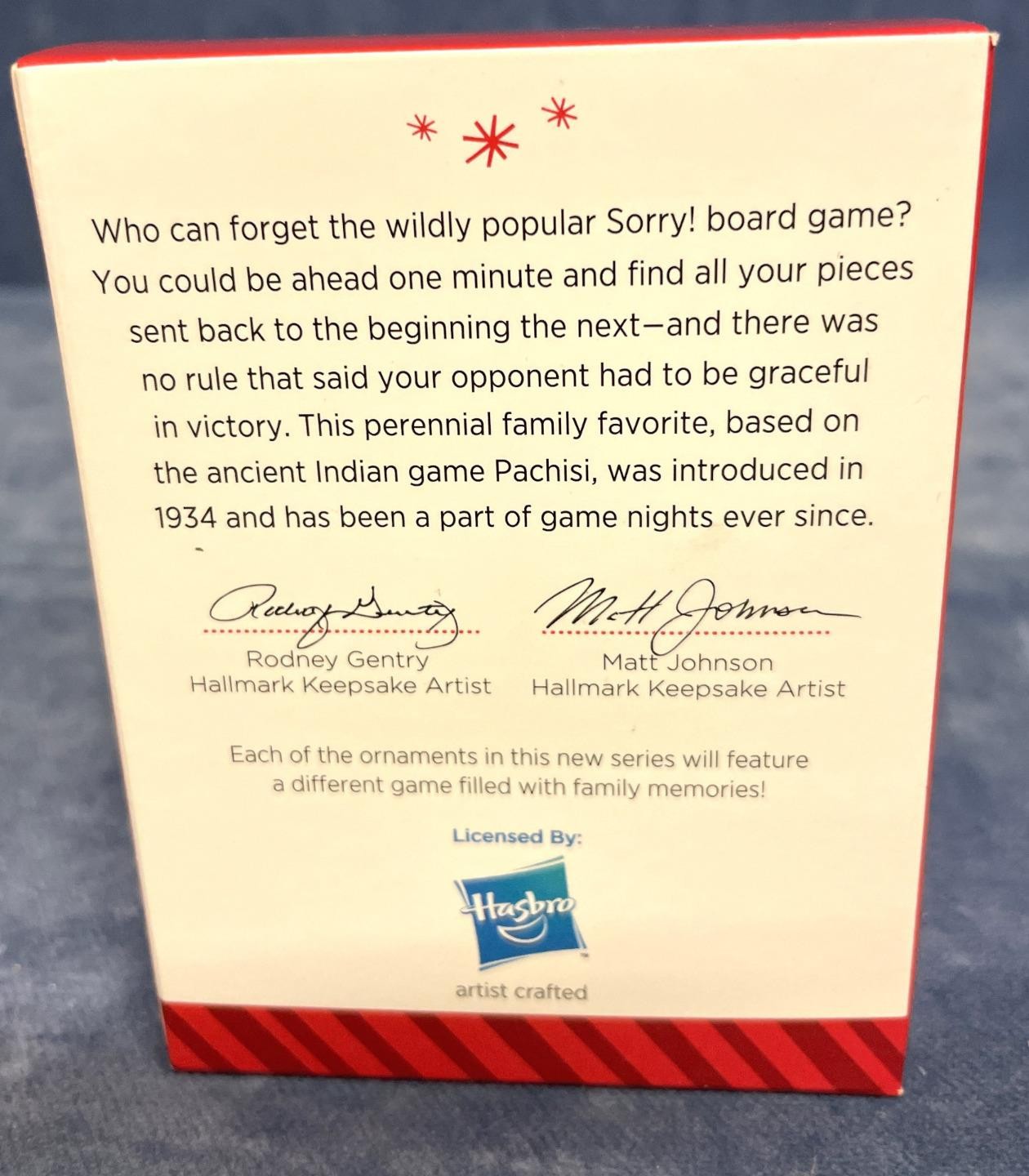 2014 Hallmark Keepsake Ornament SORRY! 1st in Family Game Night Series #1 NIB