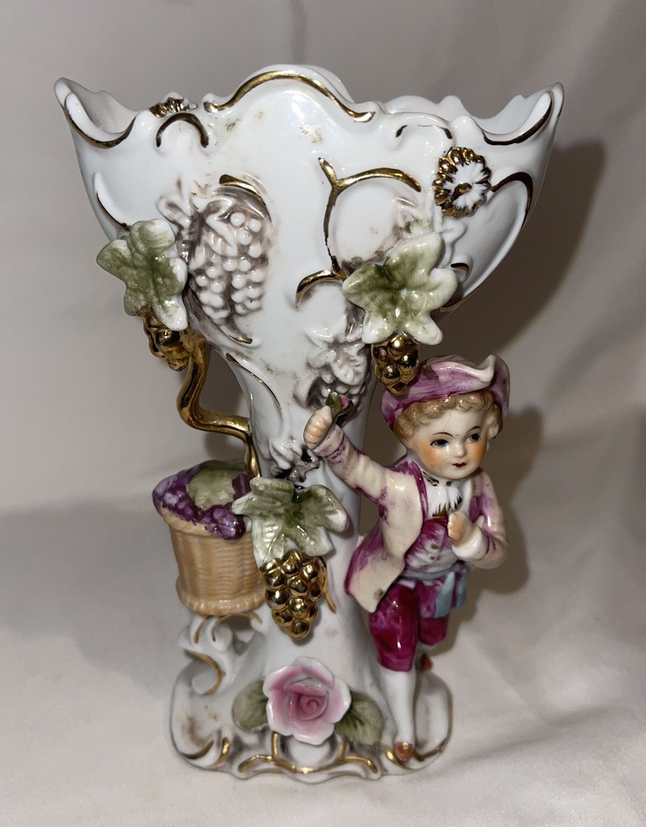 Vintage Ucago Japan Victorian Boy & Grapes Planter Figurine Vase 7″ T