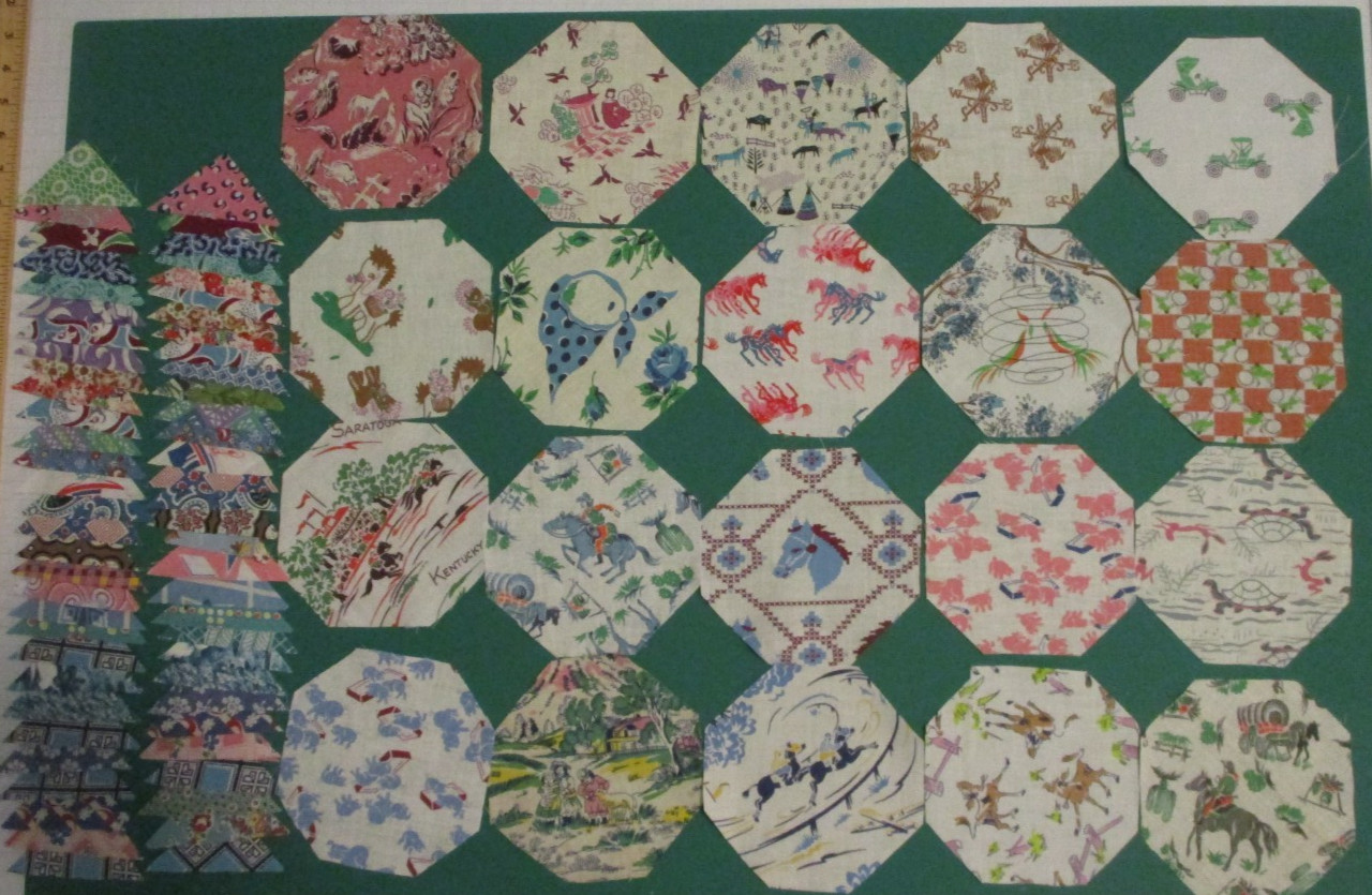 Vintage Cotton Fabric Feedsack Fabric Quilt Pieces Octagons Triangles Horses