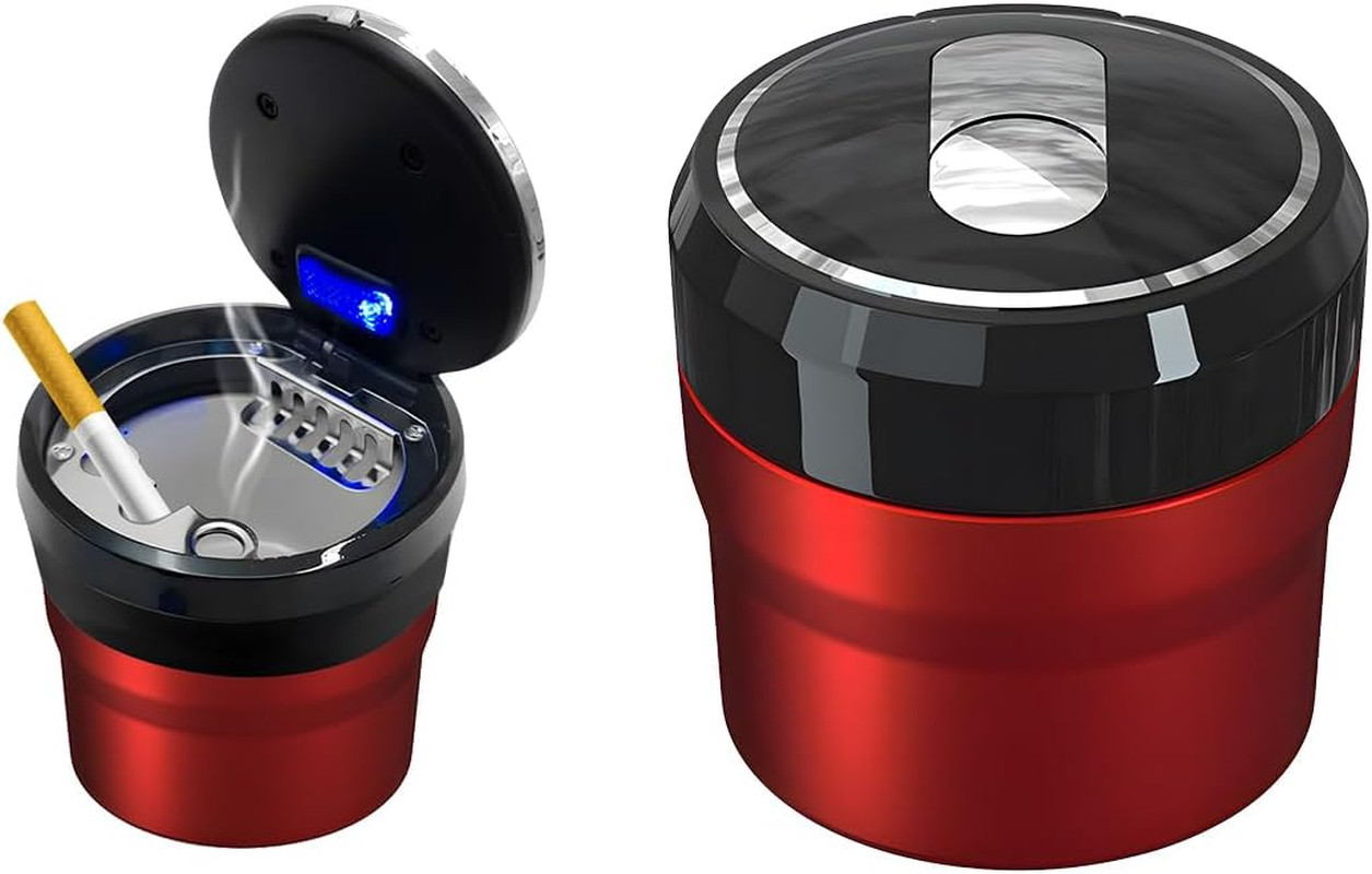 Smokeless Car Ashtray Lid Smell Proof Portable Ash Tray Cup Holder with LED Red