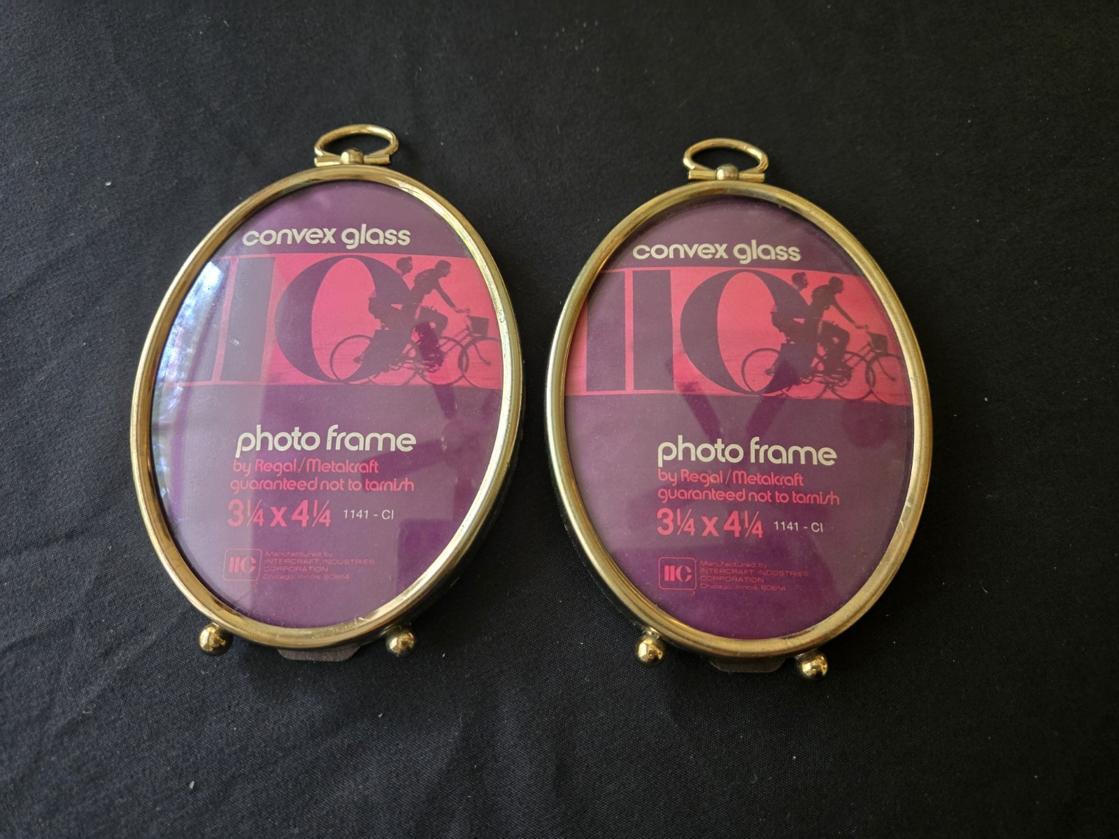 Pair Vintage Regal Metalkraft Oval Brass Convex Glass Photo Frames 3.25×4.25 IIC