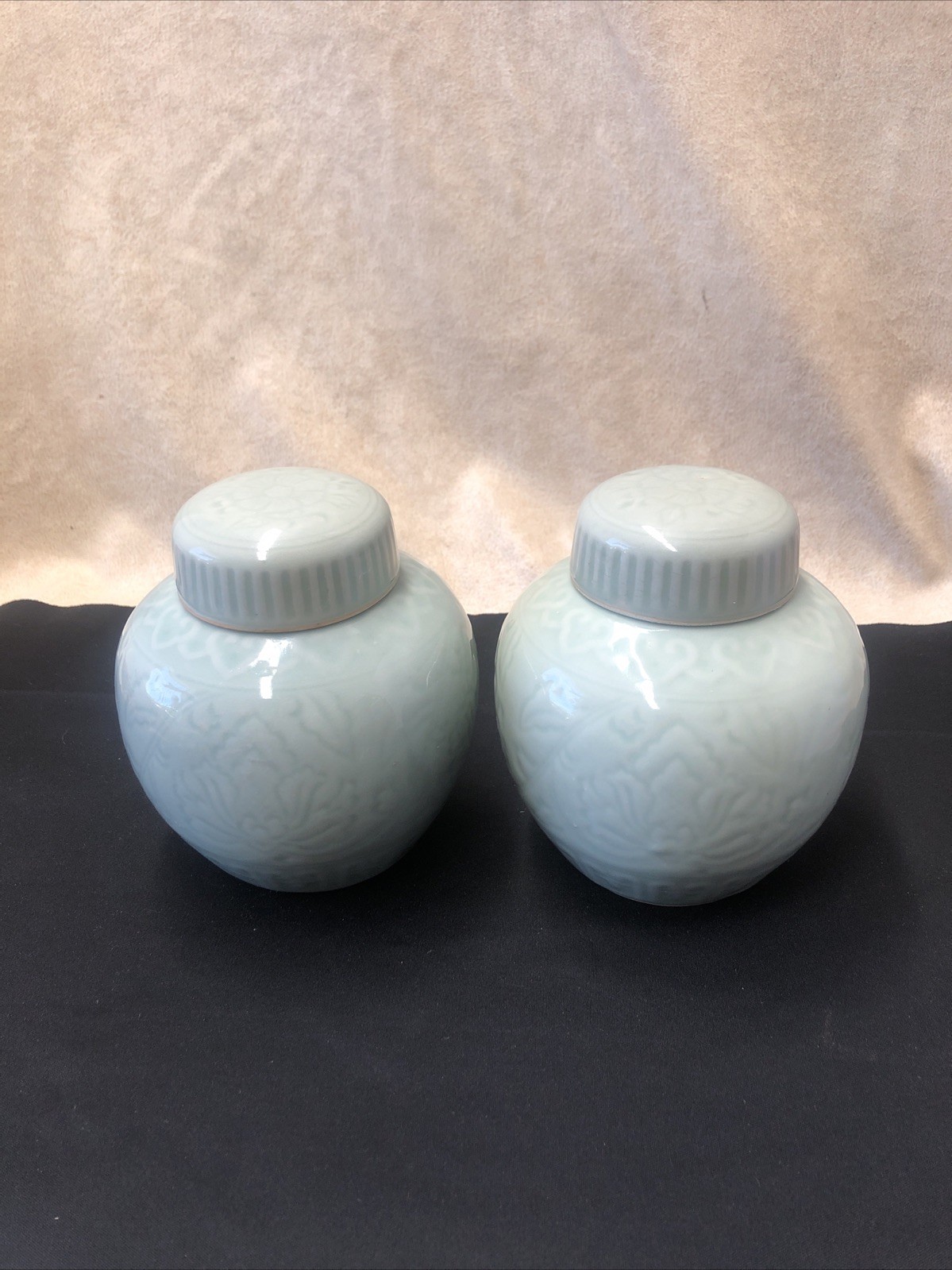 Pair Chinese Celadon Lidded Ceramic Ginger Jar Vase Green Decorative Pattern 6″
