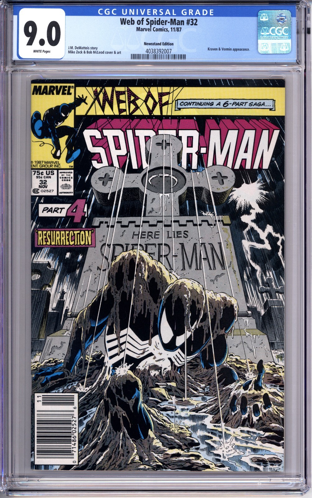Web of Spider-Man 32 CGC 9.0 VF NM white pages newsstand KRAVEN app 4038392007