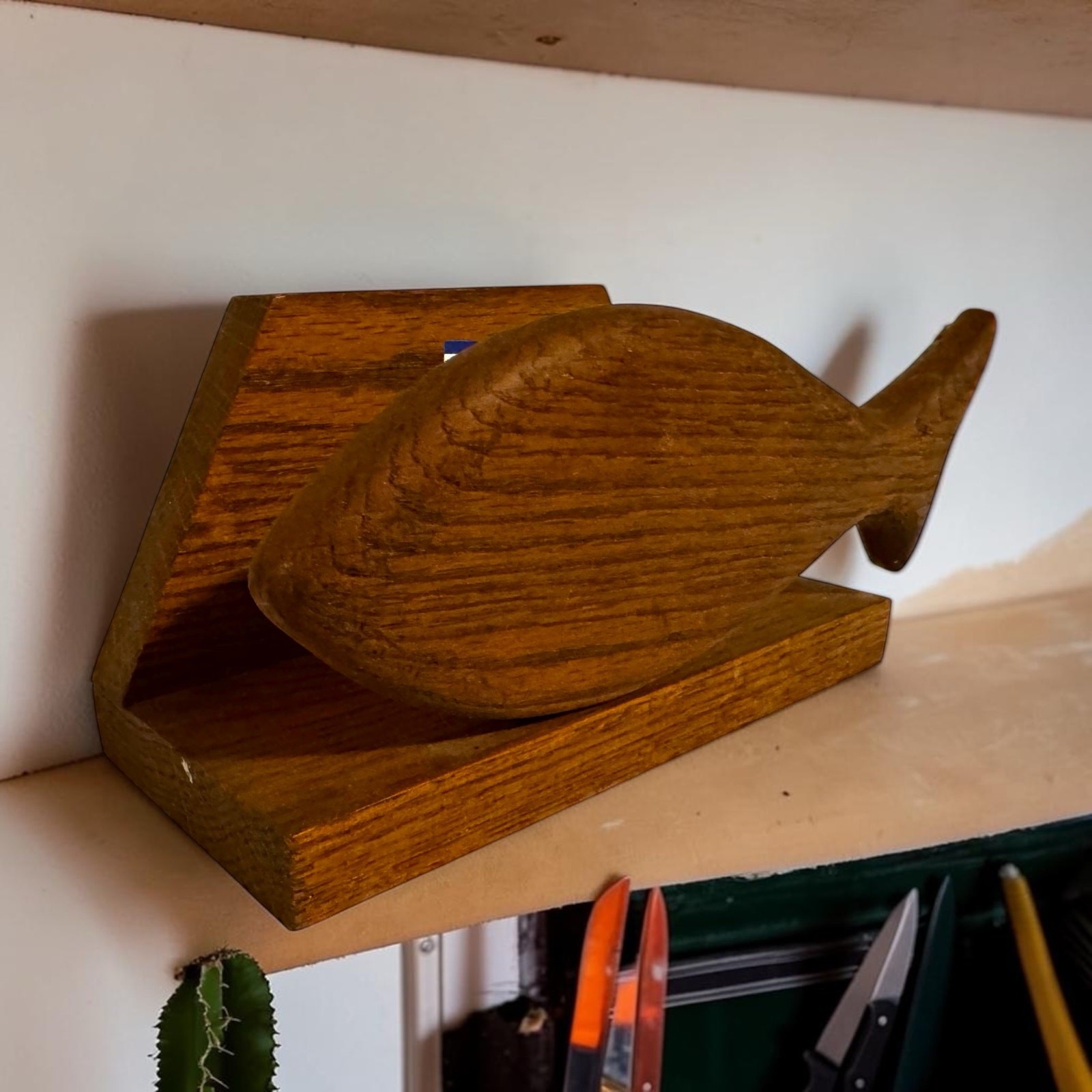 Vintage Solid Oak Wood Fish Napkin Holder Letter Holder Carved Silhouette