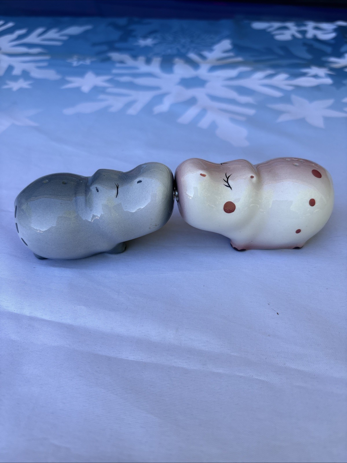 Kissing Hippos Salt And Pepper Shakers Ceramic Grey Purple Hippo