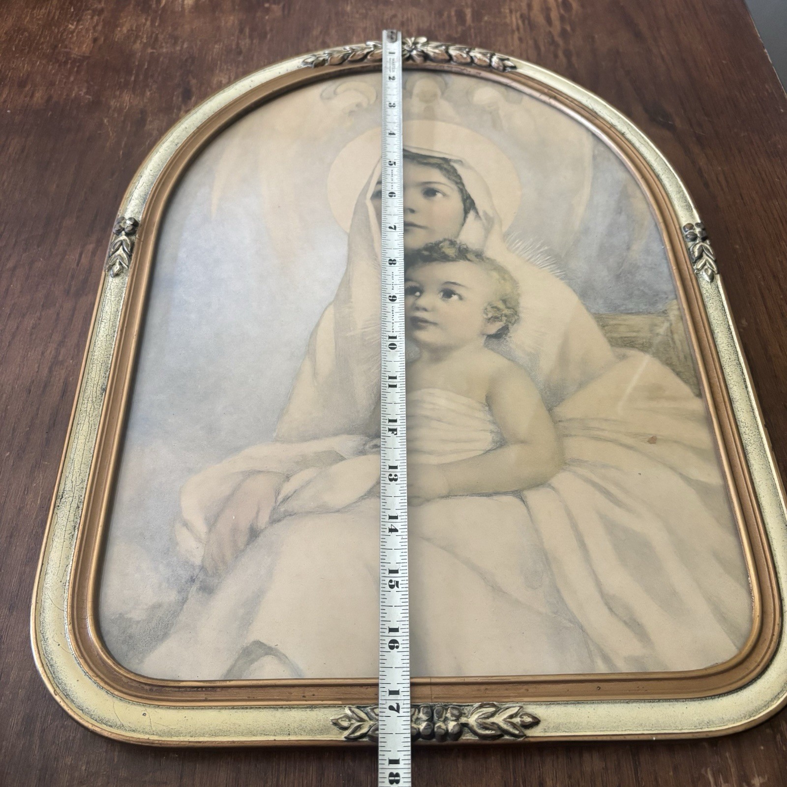 Antique Victorian Wood Picture Frame 13.5″ x 17.5″ Gold Gesso Ornate Arched Top