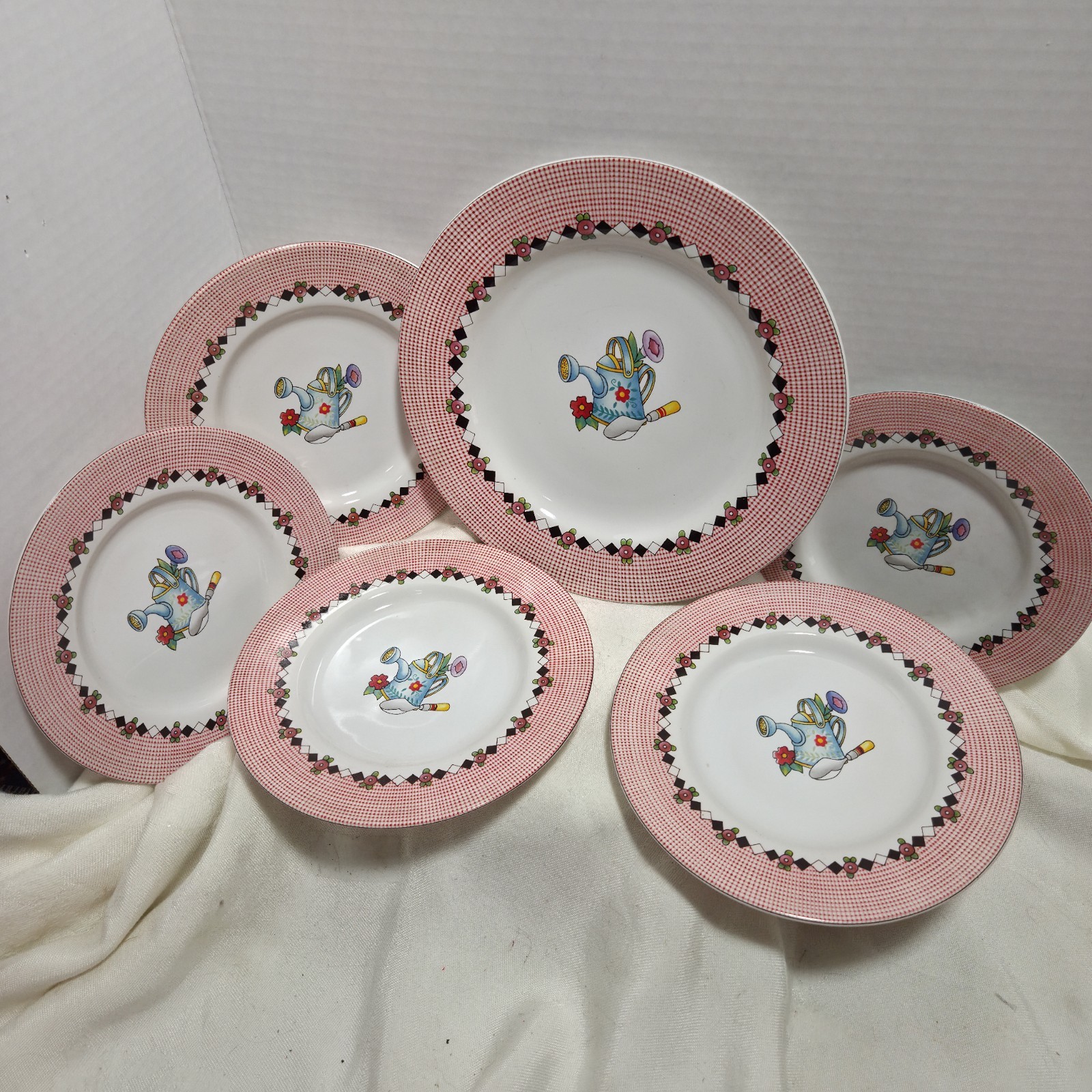 REDUCED! Mary Engelbreit Garden Time 5 Dessert 1 Salad Gingham Floral Vintage